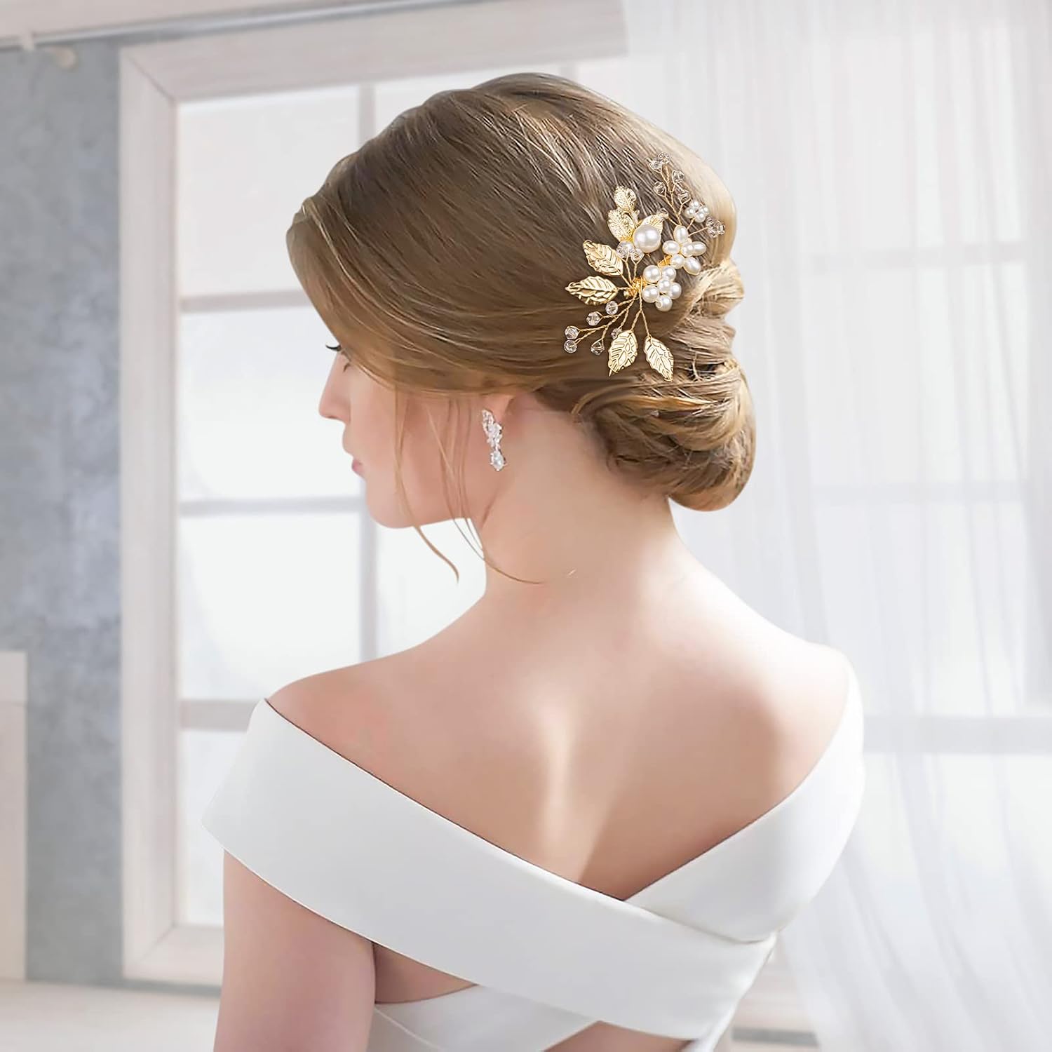 Kiiwah 4 Stück Haarschmuck Hochzeit Perle Blume Braut Haarkamm Strass Brautschmuck Braut Haarnadeln für Kommunion MäDchen Braut Brautjungfer(Gold) – Bild 3