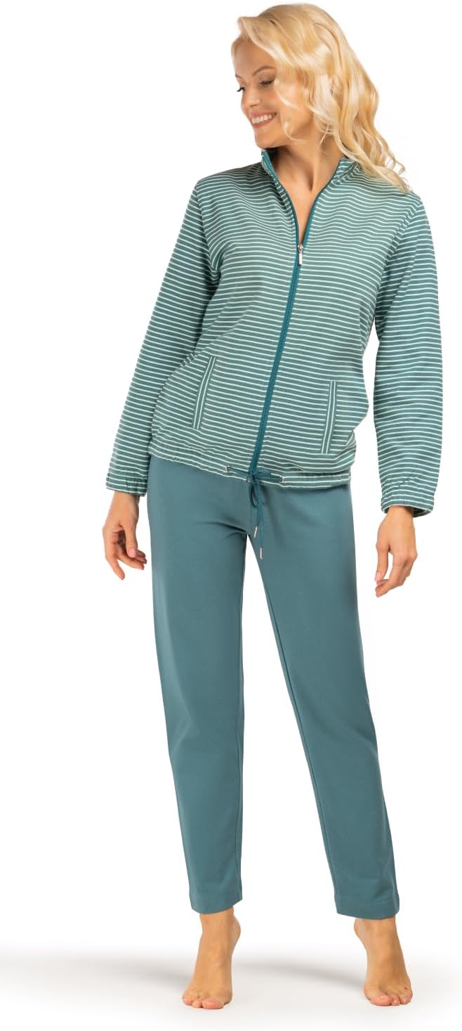 Consult-Tex Damen Langarm Hausanzug aus 100% Baumwolle-Fleece Qualität. Oberteil mit Reißverschlus und abgesteppten Bündchen. Hose mit dehnbarem Bund und Kordelzug. Attraktives Ringel-Dessin – Bild 2