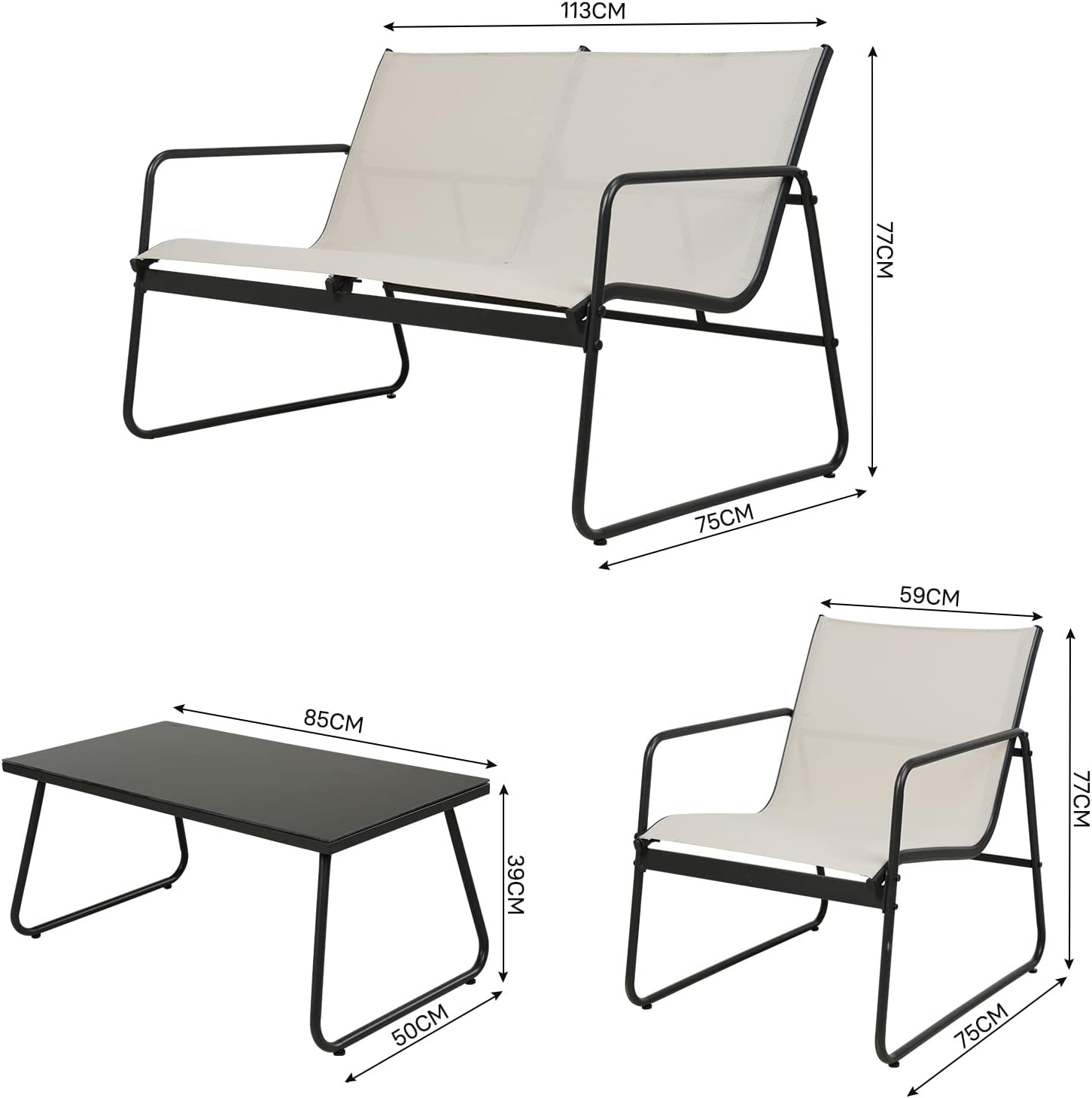 Grand patio Gartenmöbel Set 4-TLG, Textilene Balkonmöbel Set mit Tisch, Sofa und 2 Stühlen, Stahl, Sitzgruppefür Garten, Balkon, Außen (Beige) – Bild 3