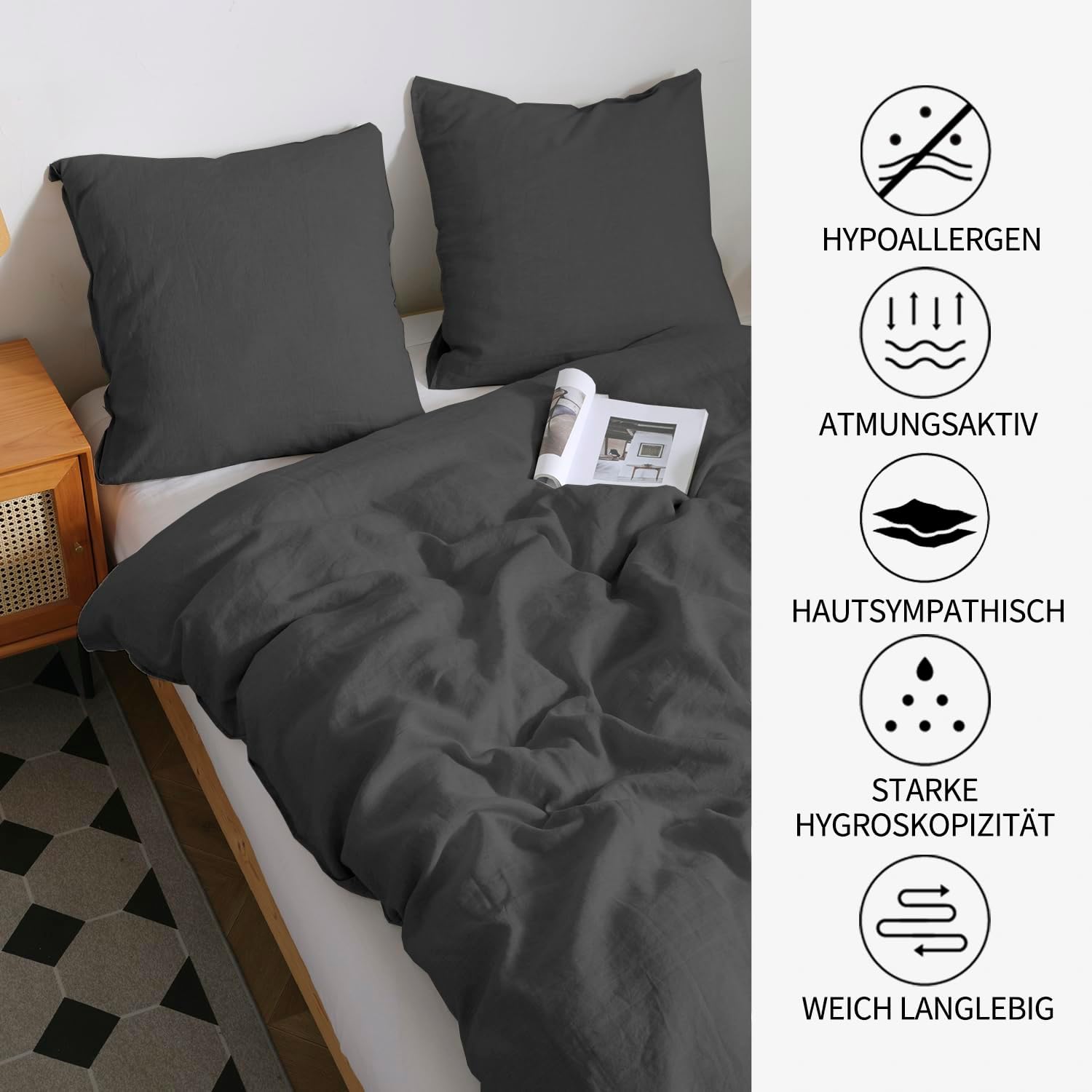 CHUFFED Leinen Bettwäsche 200×200 3teilig Bettwäsche-Sets 100% Naturleinen Bettwäsche-1 Bettbezug 200×200 cm + 2 Kissenbezug 80×80 cm mit Reißverschluss, Weich Atmungsaktiv, Dunkelgrau – Bild 4