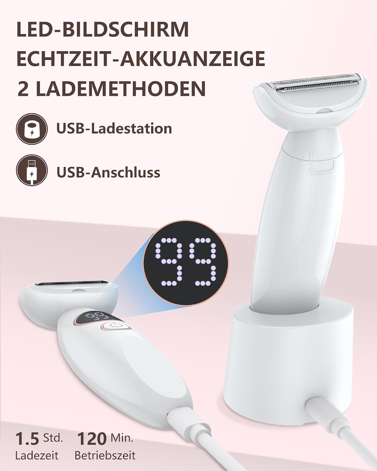 Rasierer Damen,3-In-1 Intimrasierer für Frauen,Gesichtshaarentferner für Frauen,Damenrasierer Elektrisch Nass-Trockenrasierer Ipx7 Wasserdicht Trimmer Damen,für Bikinizone Achseln Beine,USB-Aufladung – Bild 6