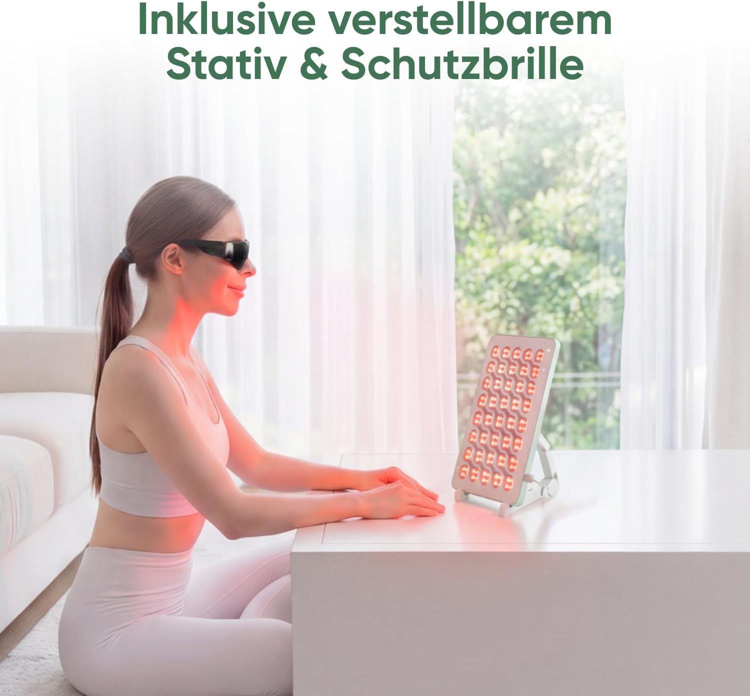 Nanoleaf Rotlichtlampe, Infrarottherapie für Körper & Gesicht, 160 LEDs (jeweils Rot 630 + Nahinfrarot 850 nm), Red Light Therapy Panel mit 4 Intensitätsstufen, Timer, Brille + Ständer – Bild 7