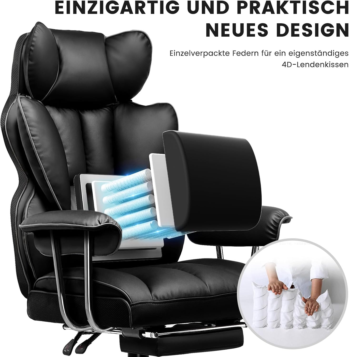 GTPLAYER Gaming Stuhl, Bürostuhl mit Taschenfeder-Lendenwirbelstütze, breiter Büro-Computersessel mit nach außen fixierten weichen Armlehnen und Fußstütze, 180KG, Leder Schwarz – Bild 3