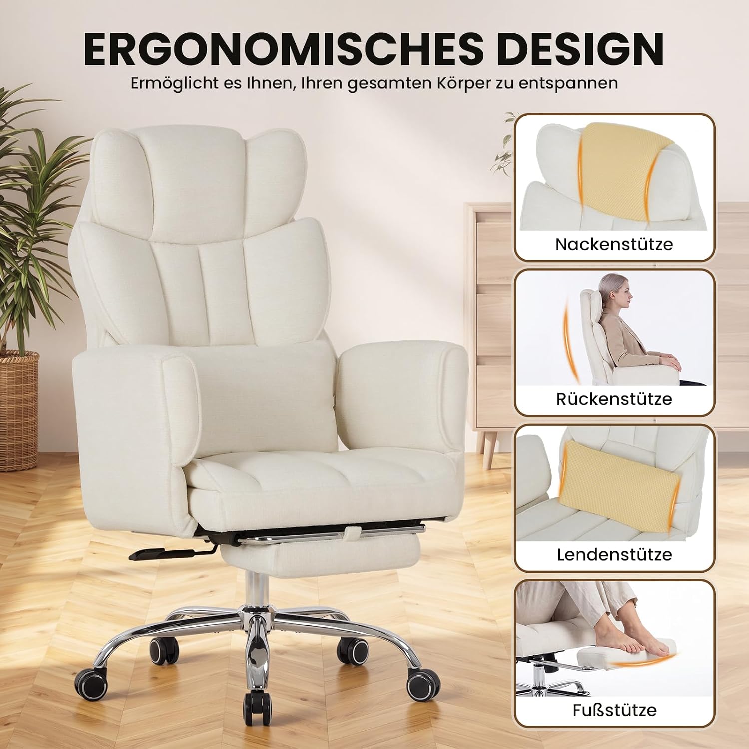 MALOL Ergonomischer Bürostuhl mit Fußstütze, Chefsessel 360° Drehbar, verstellbare Rückenlehne 102°-127°, mit Kopfstütze & Lendenstütze, bis 180 kg belastbar für Home Office & Gaming, Beige – Bild 10