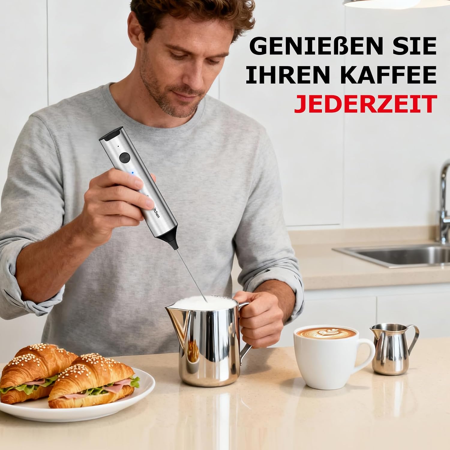 Bonsenkitchen Wiederaufladbarer Milchaufschäumer, 3-Geschwindigkeiten – Bild 8
