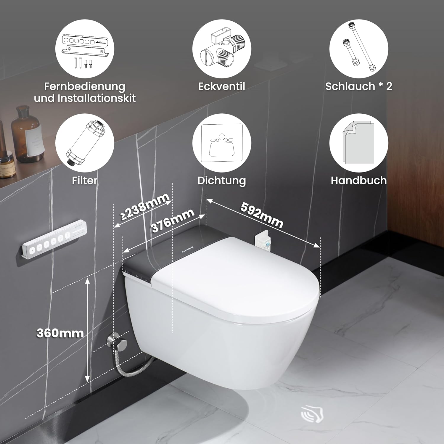 Casta Diva Dusch WC Komplettanlage mit UV-Sterilisation, Hänge WC mit Bidet Funktion, Sitzheizung, Entkalkungs und Geruchsfunktion, Automatischer Deckelöffnung und WC Fernbedienung (CD-AU002) – Bild 9