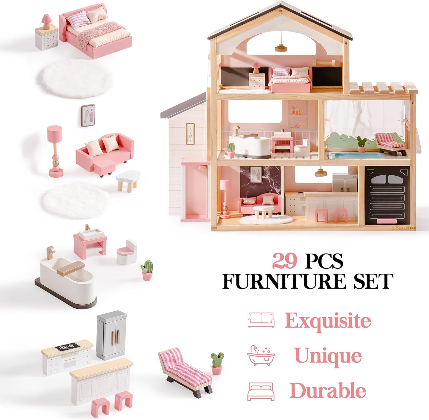 ROBUD Puppenhaus aus Holz,Puppen-Villa mit Möbel,Mit Aufzug, Garage, Pavillon und Schwimmbad,Geschenk für Kinder ab 3, 4, 5, 6 Jahren und älter,Schwarz – Bild 3