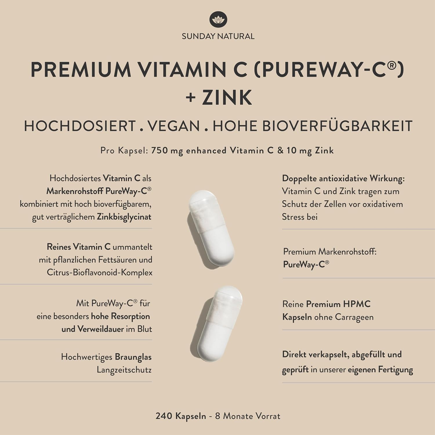 SUNDAY NATURAL® Vitamin C Zink – 1500 mg Vitamin C und Zink 20 mg pro Tagesdosis – exklusiver PureWay® Komplex aus den USA – schnelle Absorption, mit Bioflavonoiden – vegan – 240 Kapseln – Bild 2