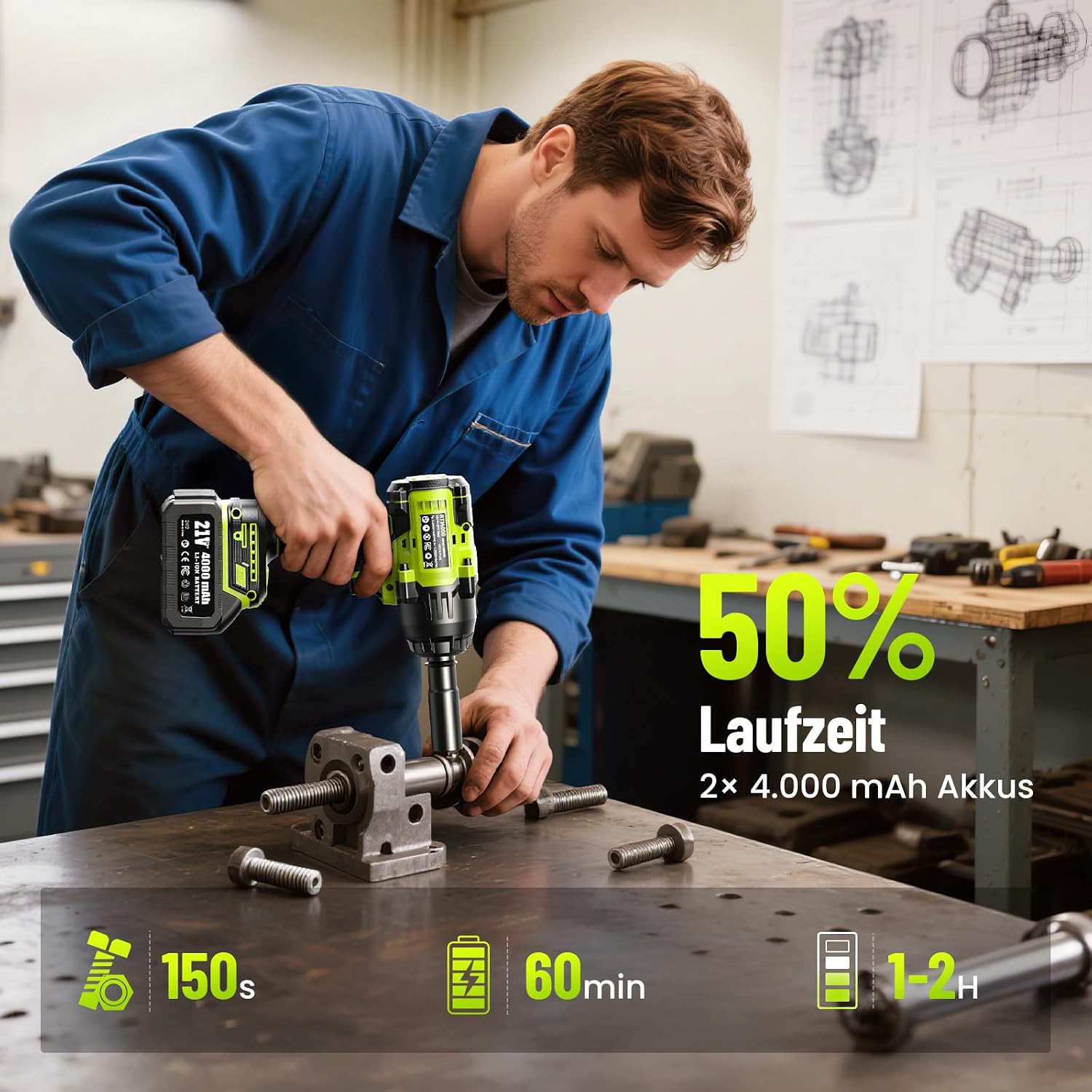 Robustrue 1400N.m Akku Schlagschrauber 1/2 Zoll, Bürstenloser Hochdrehmoment Schlagschrauber, 2400 U/min, 2×4,0Ah Akkus, Schnellladegerät, Für LKW, Wohnmobil, Rasenmäher – Bild 4