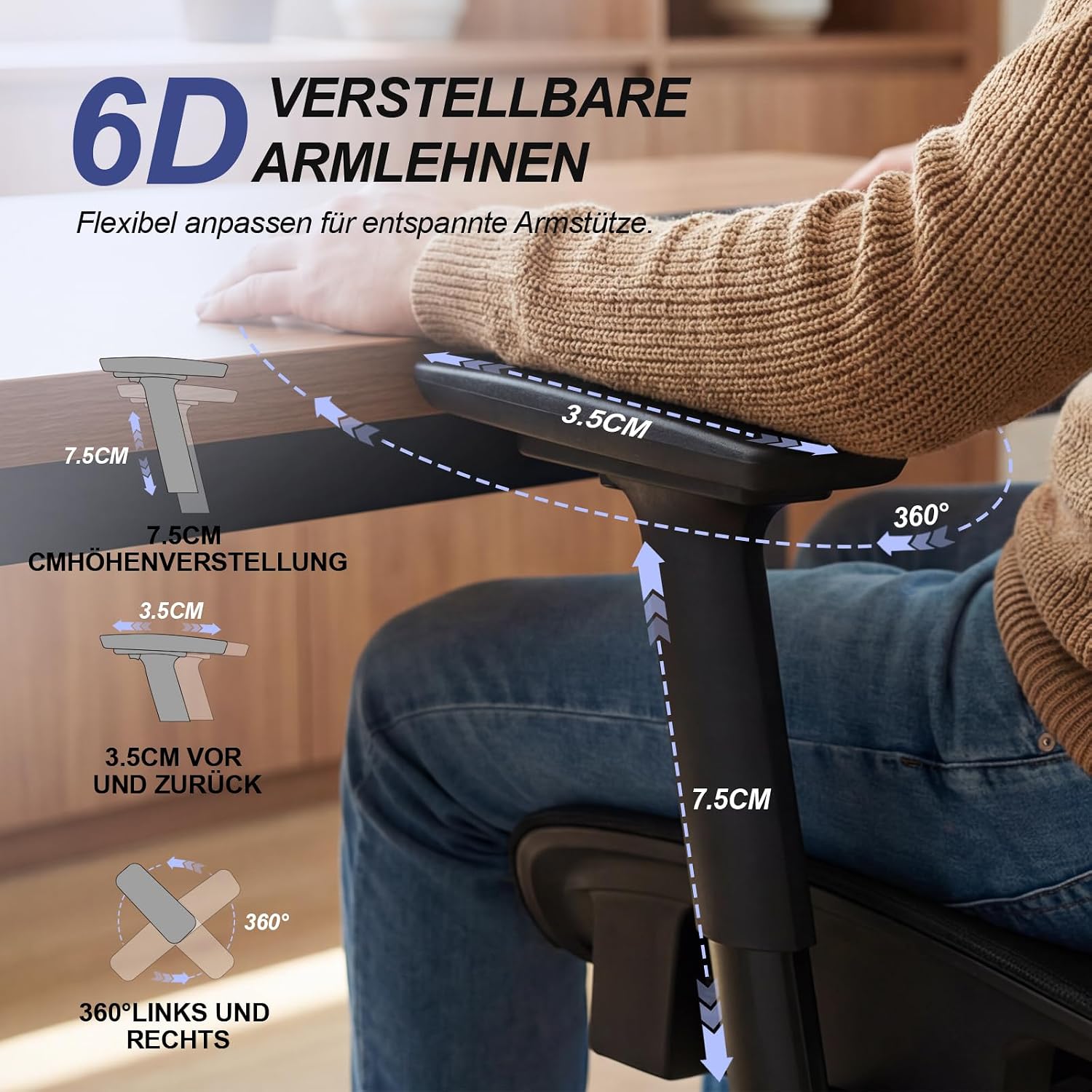Bürostuhl Ergonomisch, Schreibtischstuhl mit Automatischer Lendenstütze (2-Fach höhenverstellbar), 4D-Kopfstütze, 4D-Armlehnen, Atmungsaktives Mesh, Drehstuhl bis 150 kg für Home Office & Büro – Bild 4