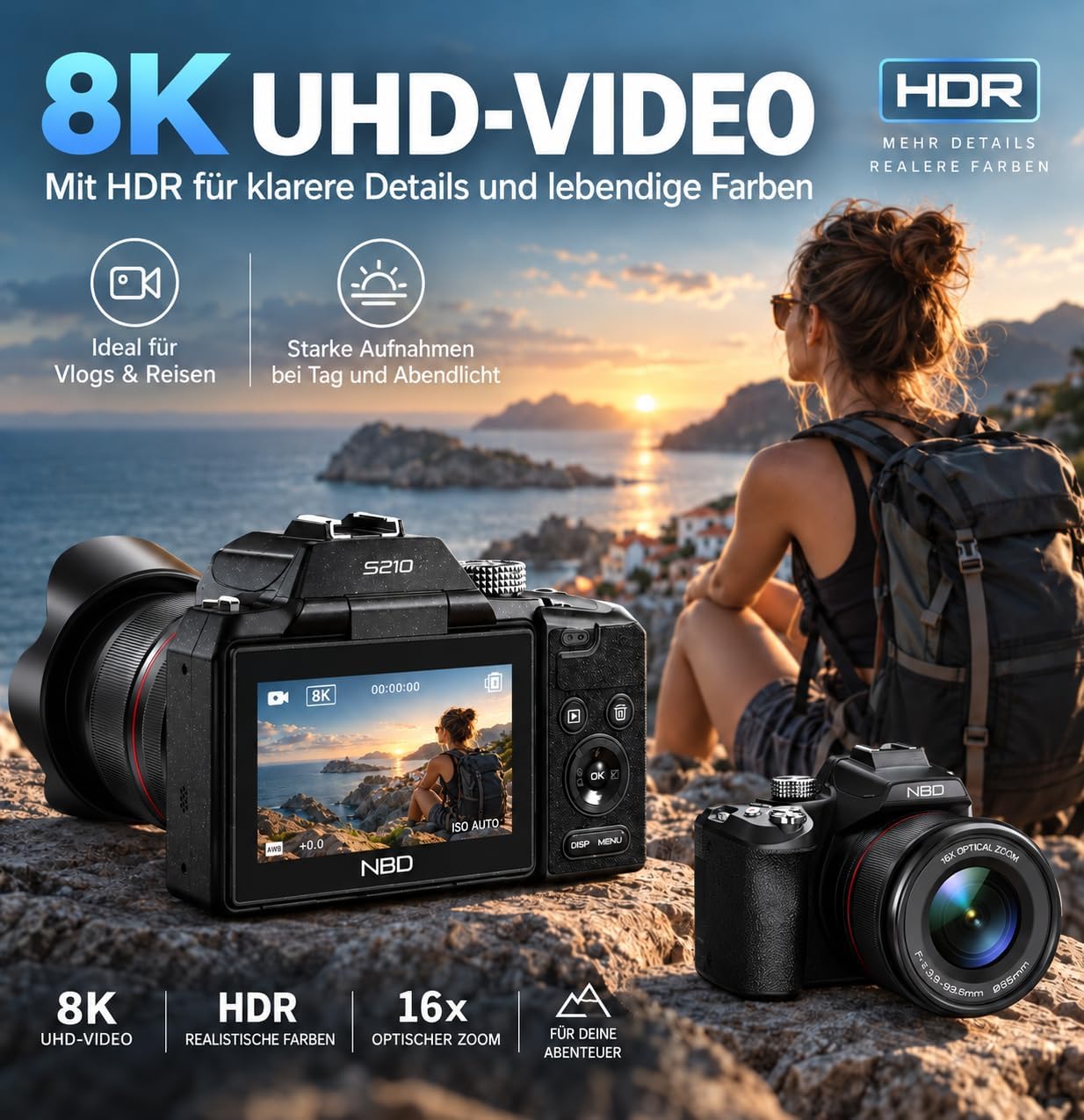 NBD 8K Digitalkamera 64MP, Autofokus, 16x optischer Zoom + 48x Hybridzoom – Bild 2