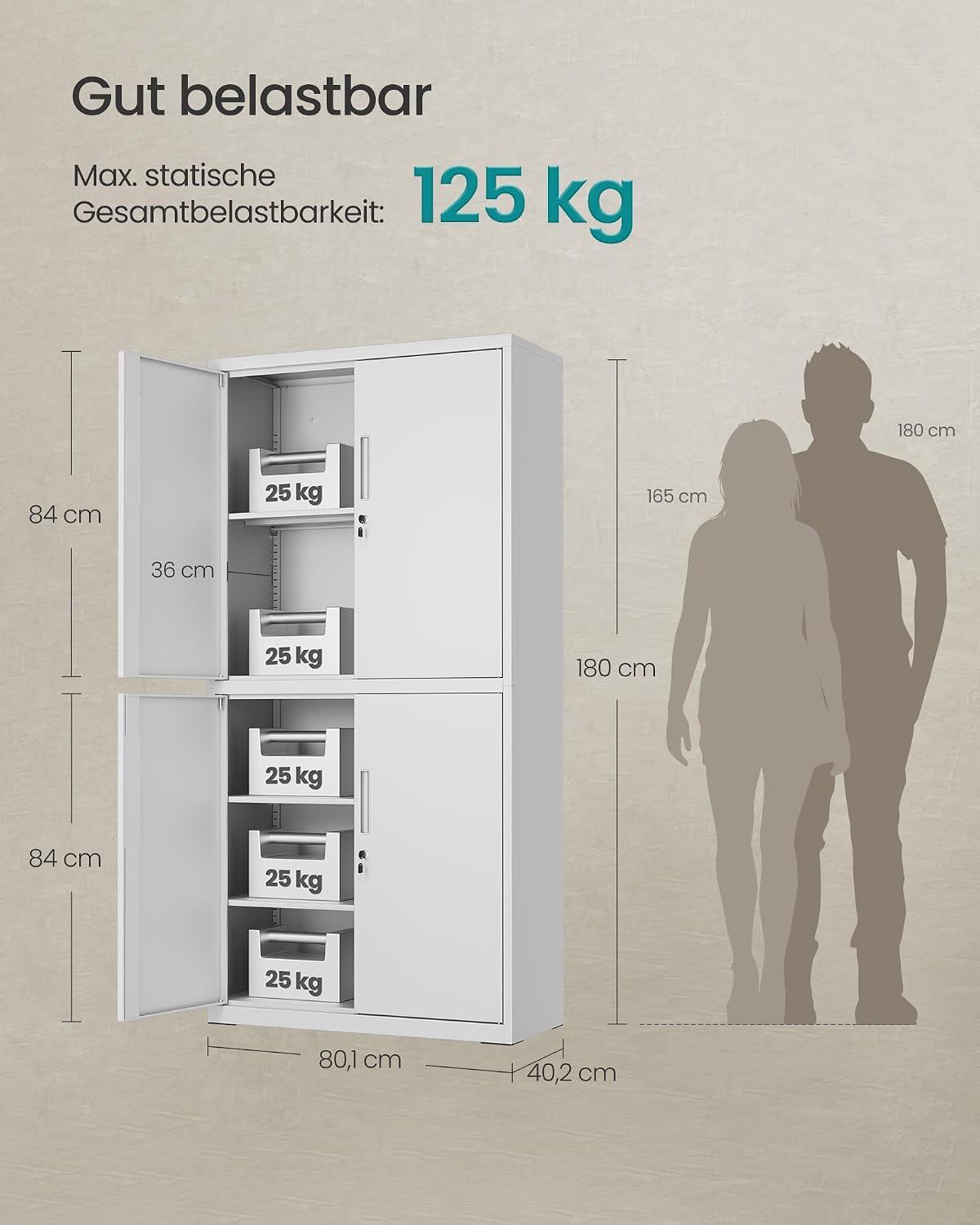 SONGMICS Aktenschrank, mit 4 Türen und 5 Ebenen, 40 x 80 x 180 cm – Bild 2