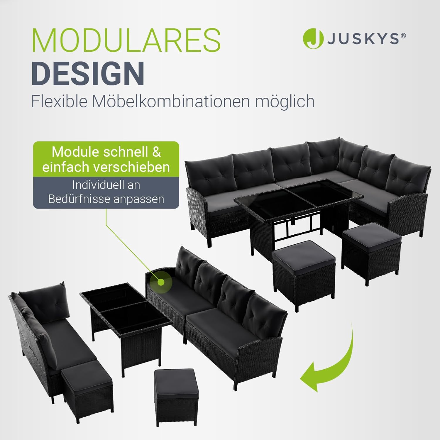 Juskys Polyrattan Lounge Manacor mit Ecksofa, Esstisch, 2 Hocker & Kissen - wetterfest bis 7 Personen - Bezüge waschbar - Rattan Garten Sitzgruppe Gartenlounge Gartenmöbel Set - Schwarz/Grau – Bild 6