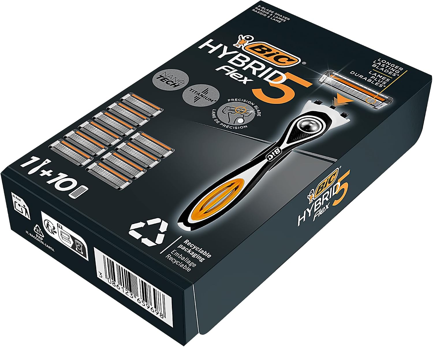 BIC Hybrid 5 Flex Rasierer Herren, Nassrasierer mit 10 Wechselklingen mit je 5 Klingen, mit Aloe Vera & Vitamin E, mit Präzisionstrimmer – Bild 3