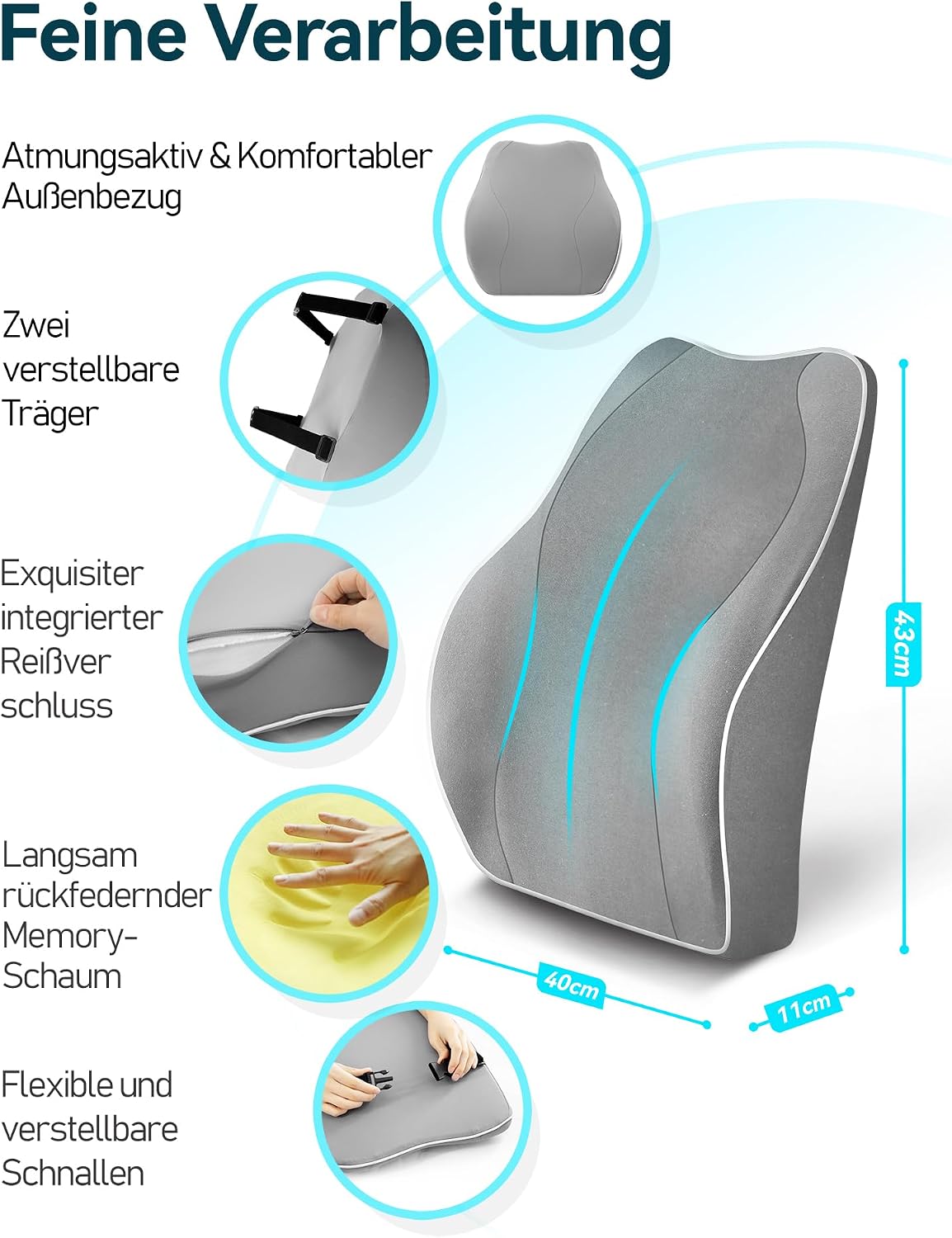 Travel Ease Ergonomisches RückenKissen aus Memory Foam, Lendenkissen für Bürostuhl, Schreibtischstuhl, mit Antistatischem, hautfreundlichem Bezug und für eine Bequeme Sitzhaltung (Grau) – Bild 5