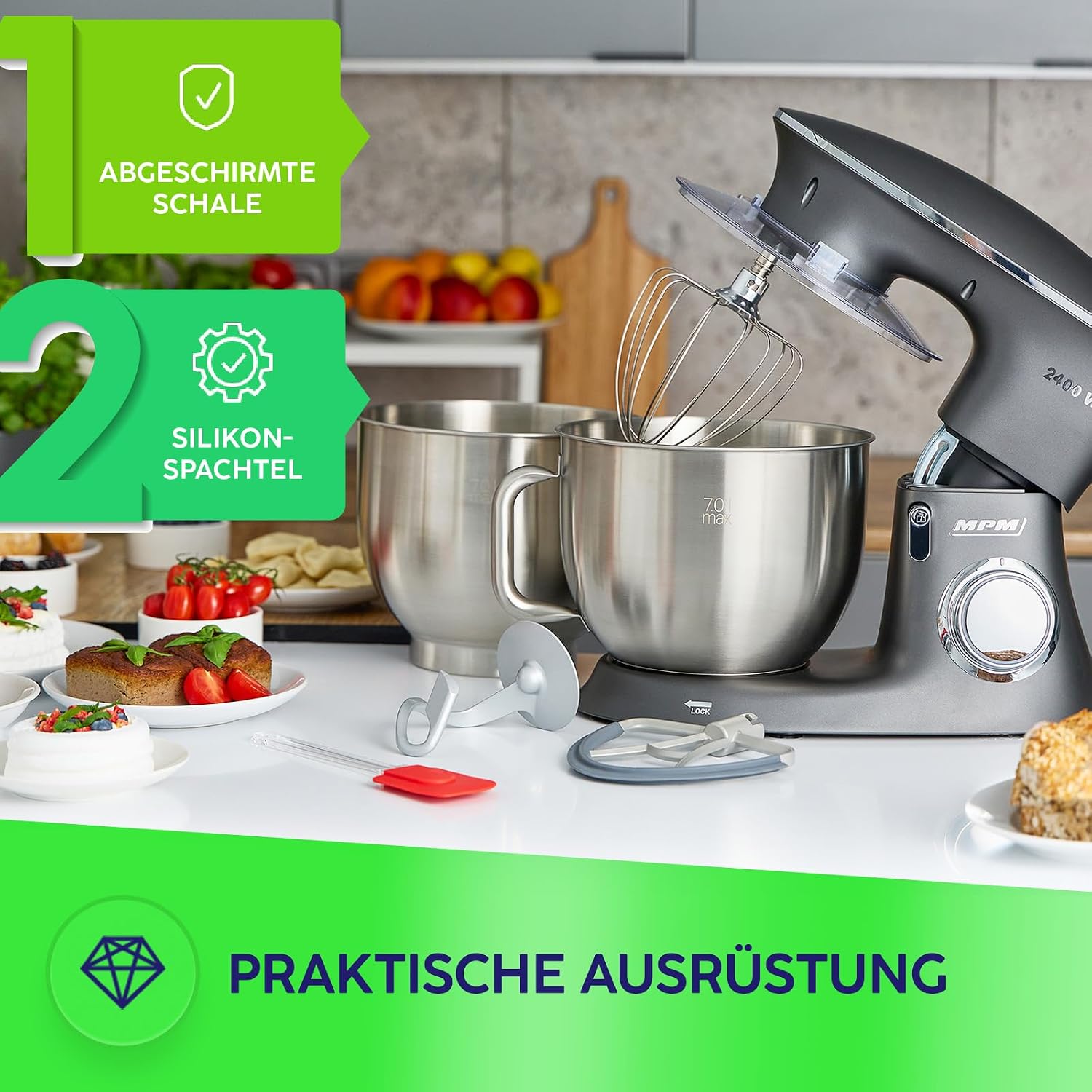 MPM Planetarische Küchenmaschine MRK-23 - Multifunktional Mixer Küche 7l - Küchengeräte Vielseitig Einsetzbar max. 2400W - Zwei Schüsseln - Drei wechselbare Rührbesen – Bild 6