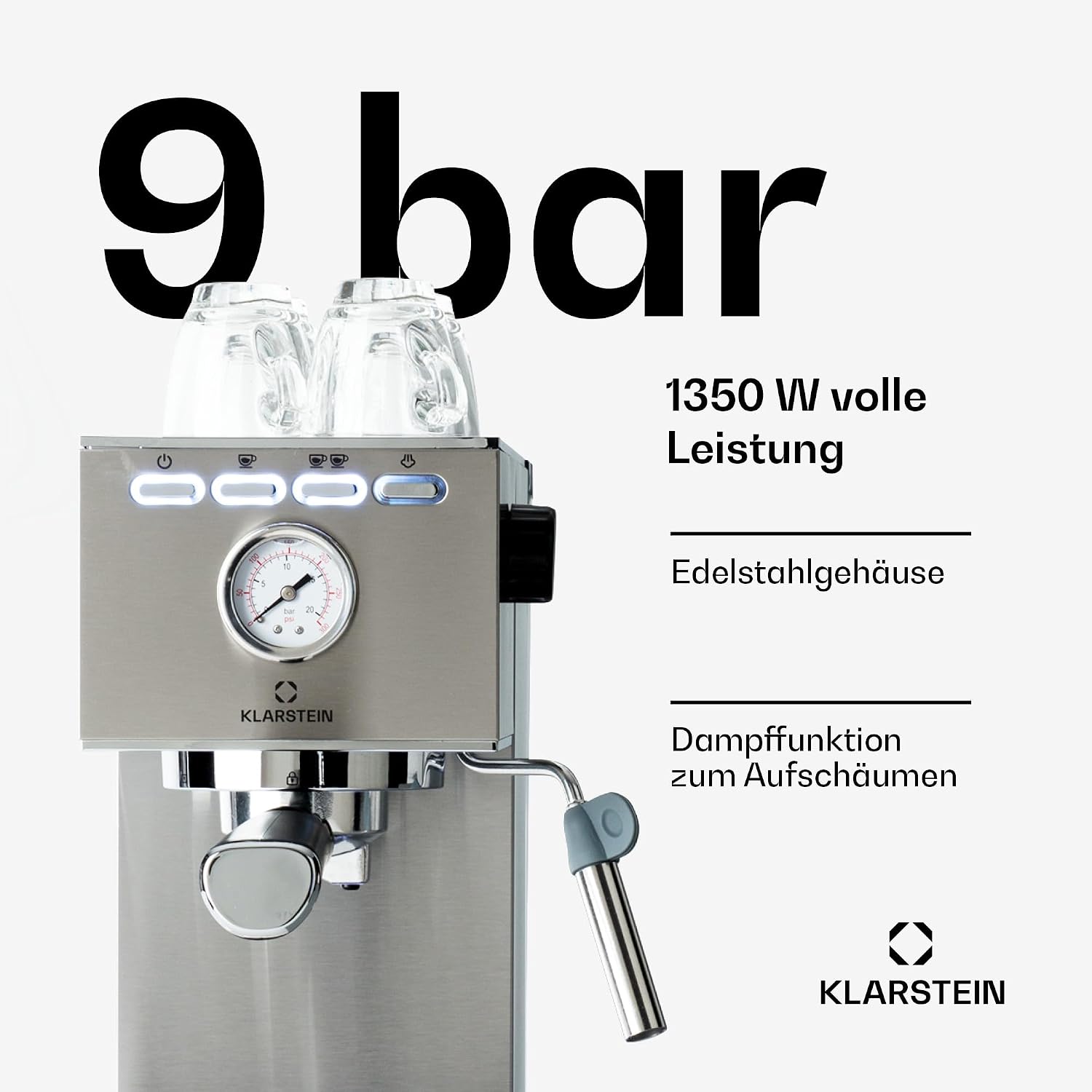 Klarstein Pausa Espressomaschine, Siebträgermaschine 1350 Watt, 20 Bar Druck, Wassertank 1,4 Liter Edelstahl, silber – Bild 2