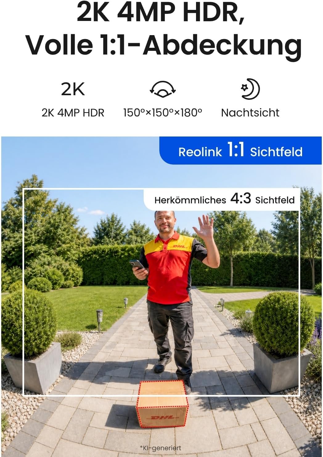 Reolink Akku Türklingel mit Kamera (Gen 2.), 2K 4MP, 1:1 Kopf‑Fuß‑Ansicht – Bild 2