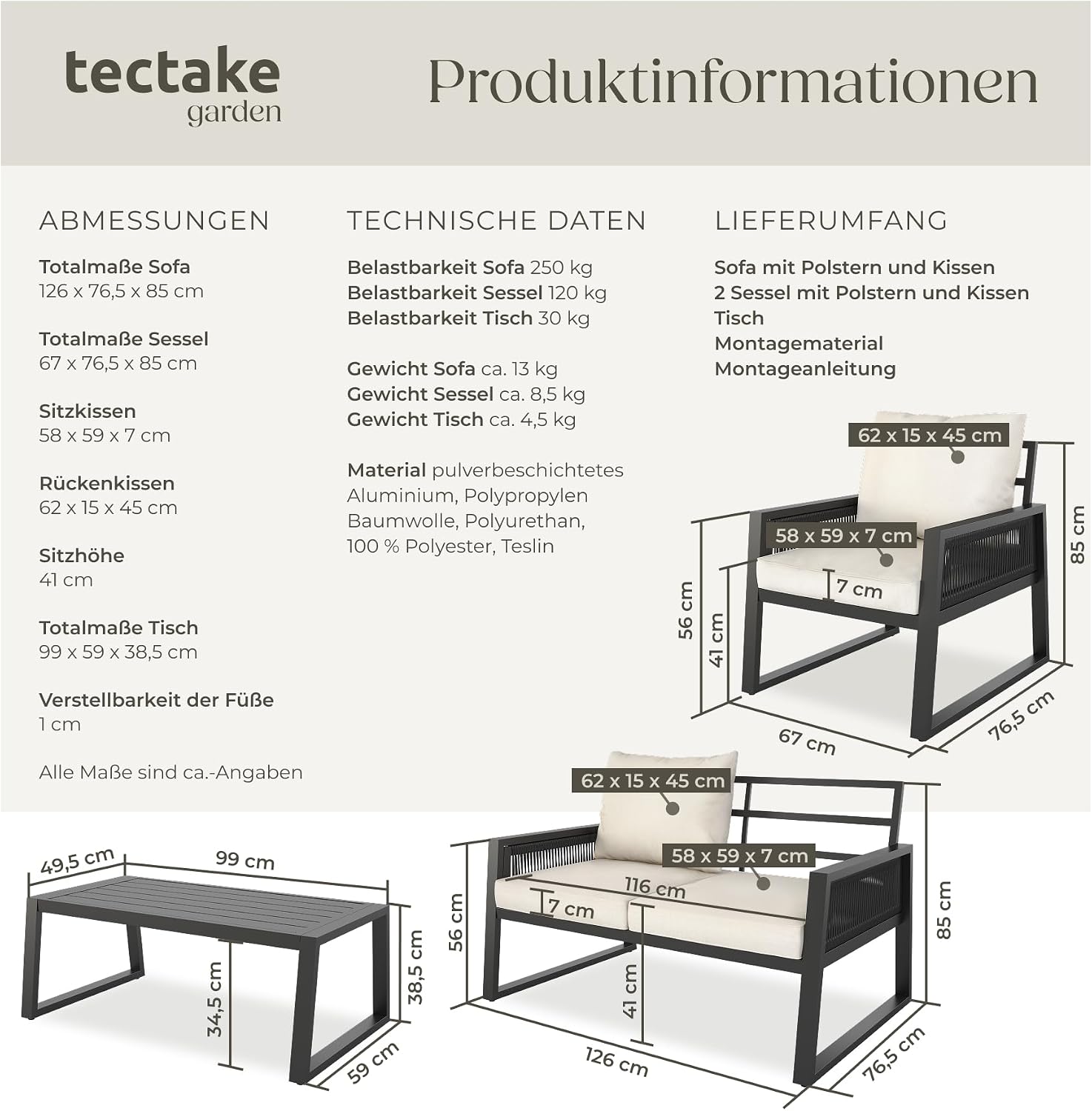 tectake® Rope Design Lounge Möbel Set für Garten oder Balkon, Aluminium Outdoor Sitzgruppe Terrassenmöbel mit 2 Sesseln, Sofa + Tisch in Holz Optik, inkl. Gartenmöbel-Kissen, wetterfest – Bild 6