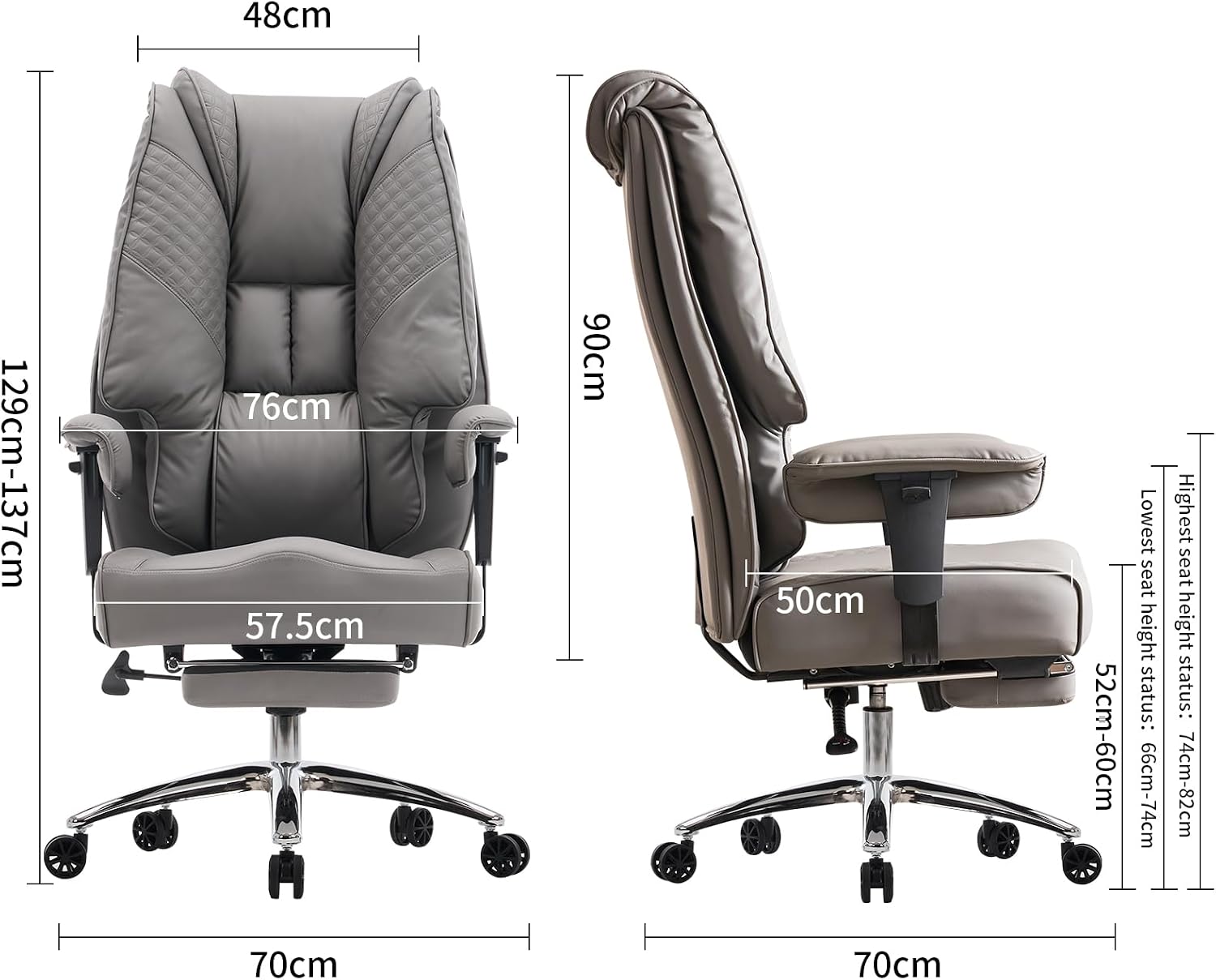 EXCEBET Chefsessel Bürostuhl XXL Ergonomisch 200kg, Schreibtischstuhl mit Fußstütze und 14cm Taschenfederkern, Hochlehner aus Kratzfestem PU Leder, Drehstuhl mit Höhenverstellbaren Armlehnen (Grau) – Bild 2