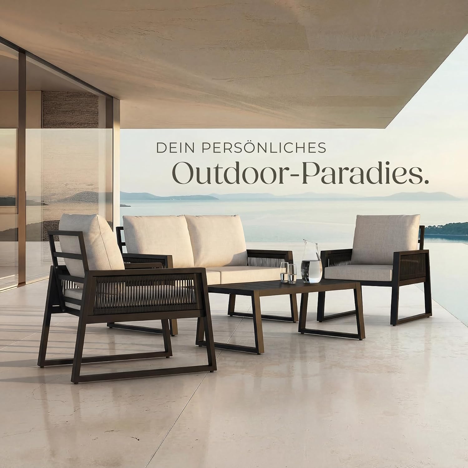tectake® Rope Design Lounge Möbel Set für Garten oder Balkon, Aluminium Outdoor Sitzgruppe Terrassenmöbel mit 2 Sesseln, Sofa + Tisch in Holz Optik, inkl. Gartenmöbel-Kissen, wetterfest – Bild 8
