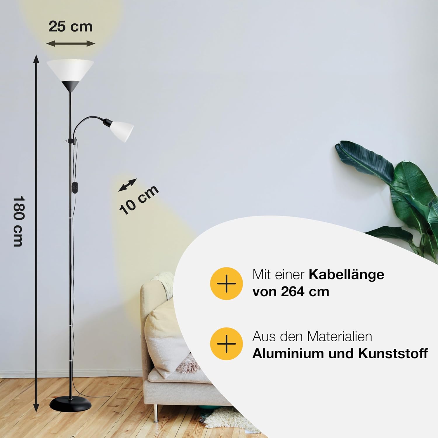 Brilliant Spari Deckenfluter mit Leselampe schwarz, weiß LED Stehlampe 1,8 m Standleuchte für LED-Leuchtmittel geeignet (E27 & E14 Fassung) mit verstellbarem Lesearm – Bild 3