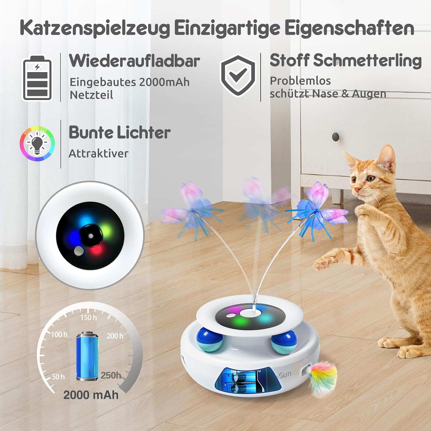 GoldenSun 3 in 1 Interaktives Katzenspielzeug, Elektrisch Automatischer Spielzeug für Katzen, Whack-A-Mole, Fluttering Butterfly, inklusive Ball, USB Wiederaufladbar Katzen Teaser mit 4 Aufsätzen – Bild 6