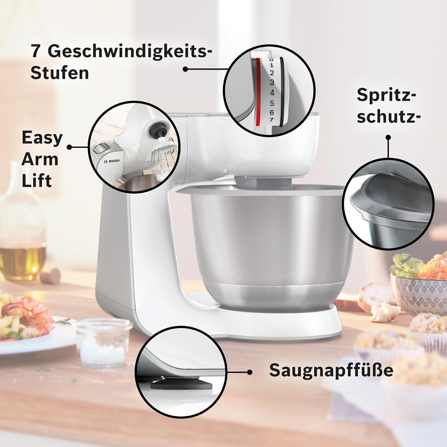 Bosch Küchenmaschine Serie 4, Edelstahl-Schüssel 3,9 L, Knethaken, Schlag- und Rührbesen Edelstahl spülmaschinenfest, Mixer 1,25 L, Durchlaufschnitzler, 3 Scheiben, 1000 W, Weiß, MUM58W20 – Bild 3