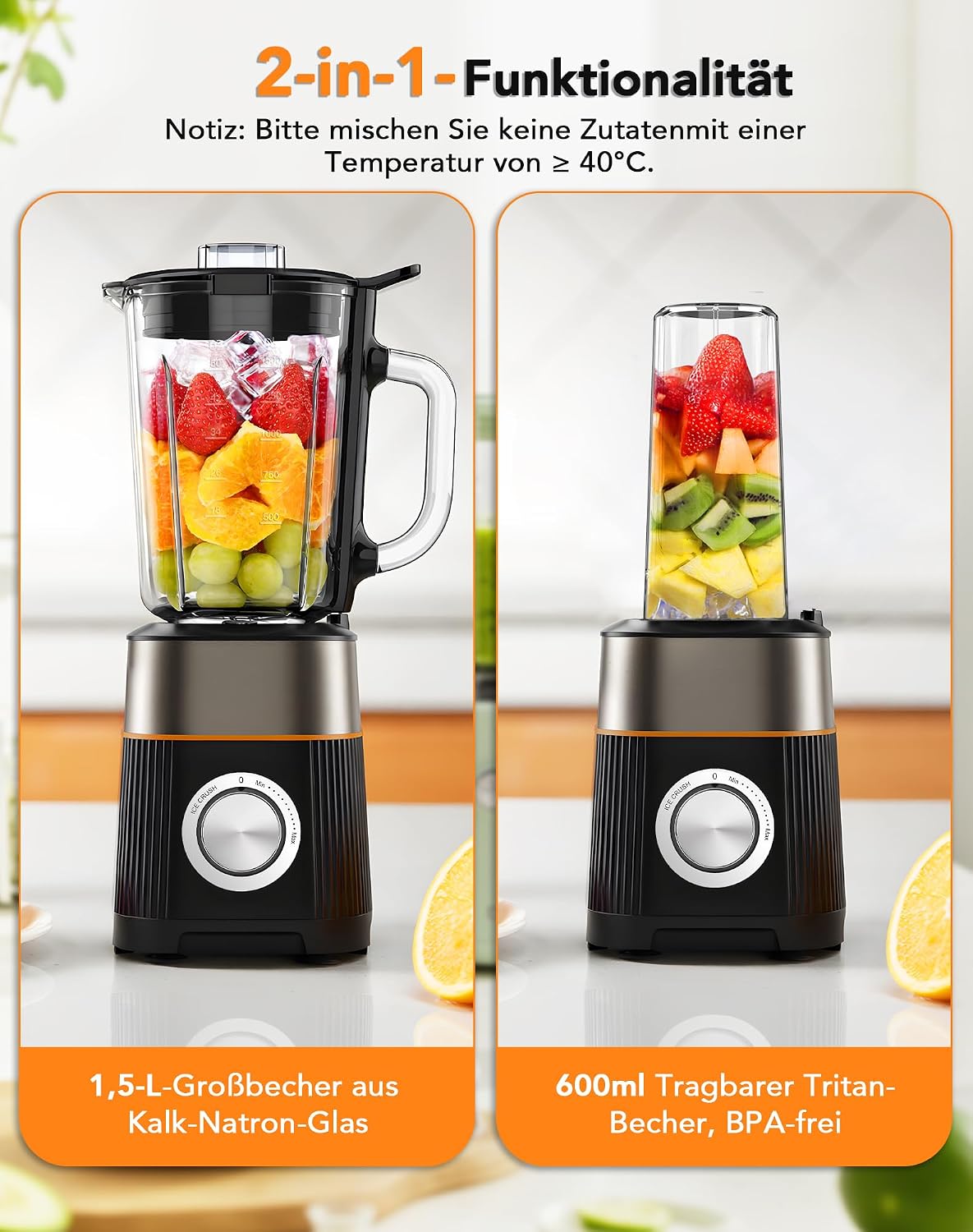 1000W Standmixer, Mixer, Glas 2-1 Mixer Smoothie Maker mit 1,5L Glaskrug und 600ml Reisebecher, Stufenlos Drehbare Drehregler, Selbstreinigung, für Ice-Crush-Funktion Shakes Gefrorene Getränke Saucen – Bild 6