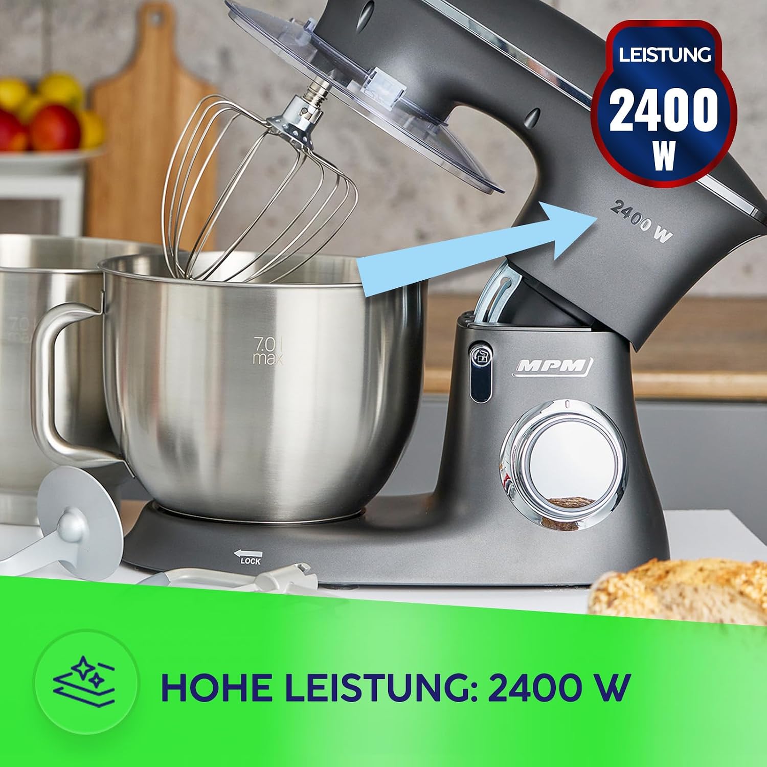 MPM Planetarische Küchenmaschine MRK-23 - Multifunktional Mixer Küche 7l - Küchengeräte Vielseitig Einsetzbar max. 2400W - Zwei Schüsseln - Drei wechselbare Rührbesen – Bild 2