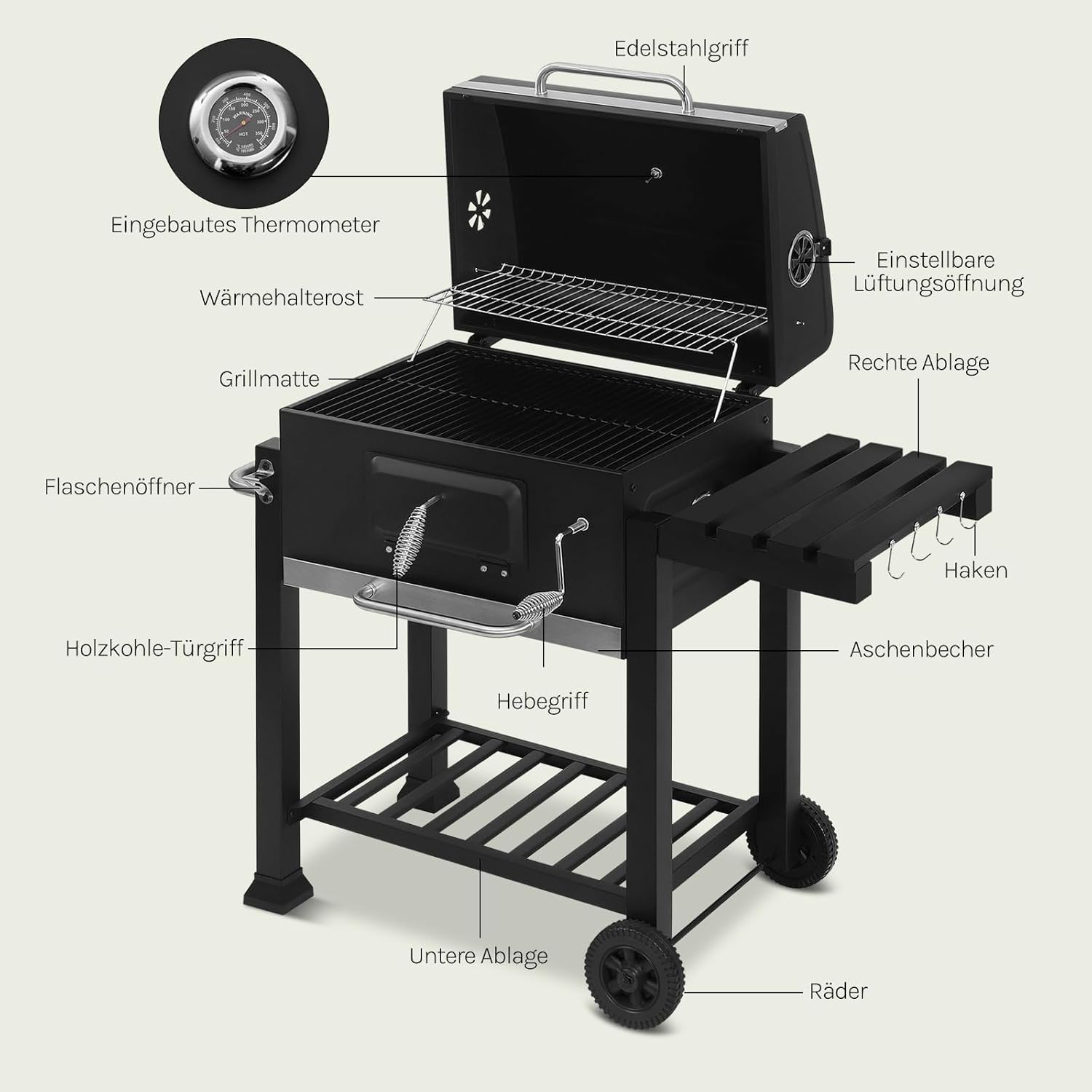 WOLTU Holzkohlegrill mit Deckel, große Grillfläche, variable Kohlewanne, Smoker Grill BBQ mit Grillrost, Thermometer, Grillwagen für Camping, 117 x 107 x 71 cm, Schwarz – Bild 2