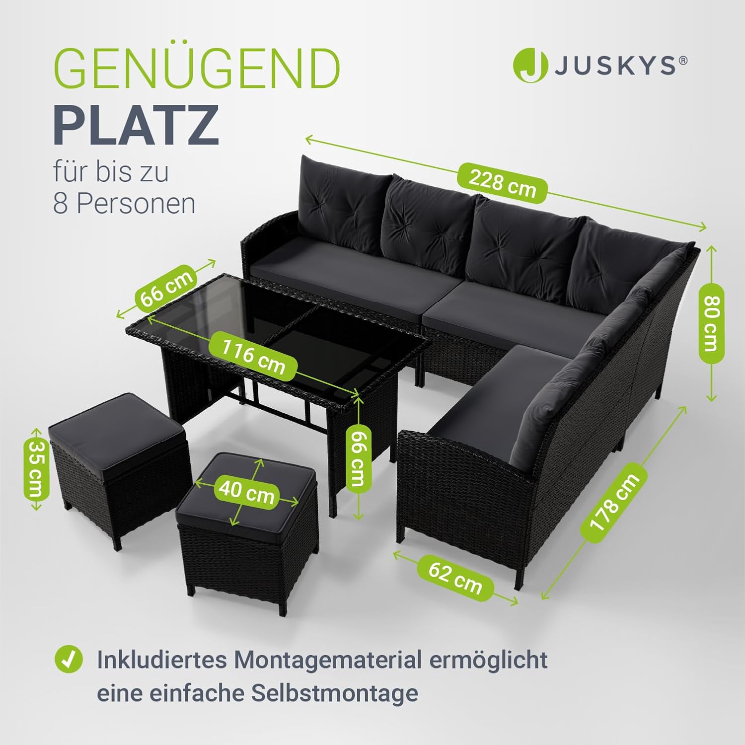 Juskys Polyrattan Lounge Manacor mit Ecksofa, Esstisch, 2 Hocker & Kissen - wetterfest bis 7 Personen - Bezüge waschbar - Rattan Garten Sitzgruppe Gartenlounge Gartenmöbel Set - Schwarz/Grau – Bild 4