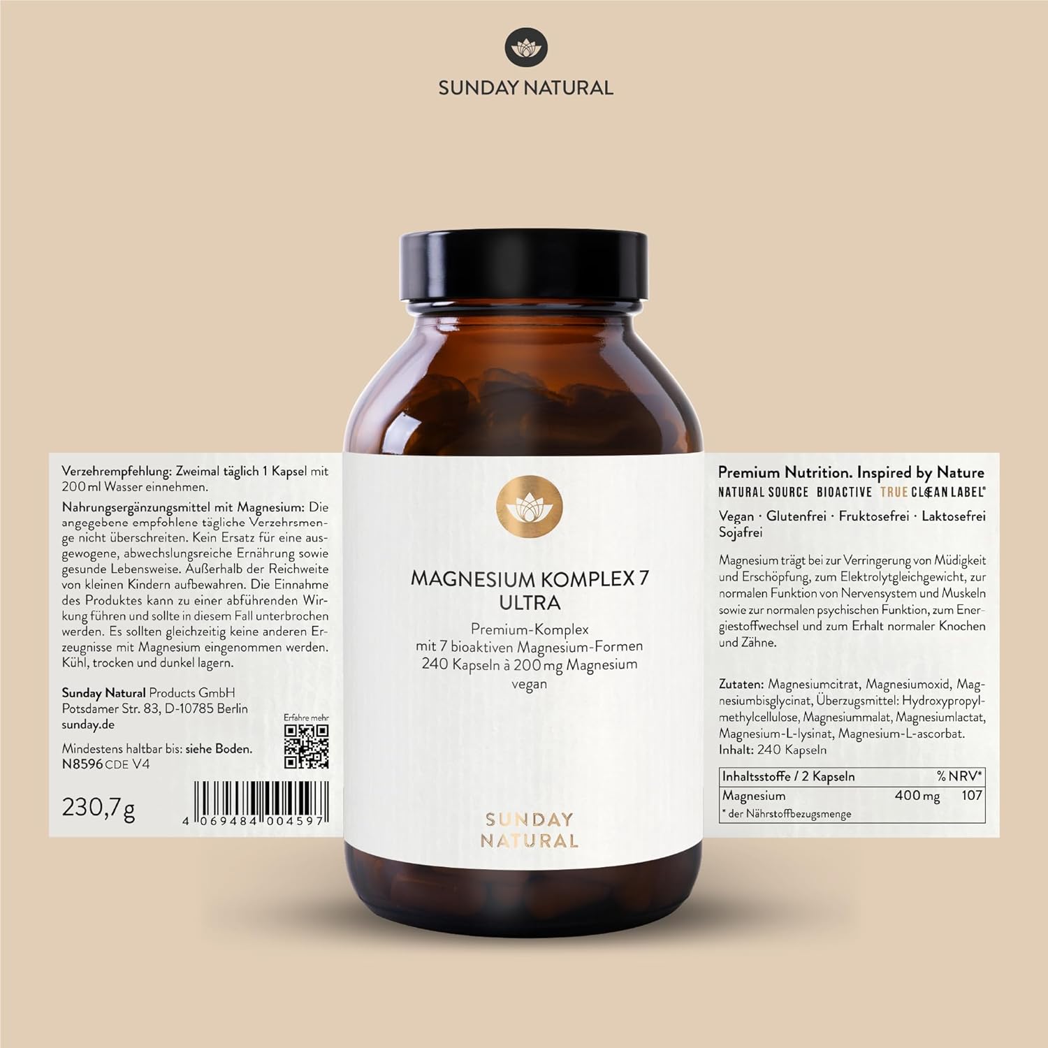SUNDAY NATURAL® Magnesium Komplex – 240 Kapseln - 400mg pro Tag - aus 7 Verbindungen: Magnesium Bisglycinat, Citrat, Malat, Laktat, Ascorbat, Oxid, Lysinat - Vegan, laborgeprüft – Bild 6