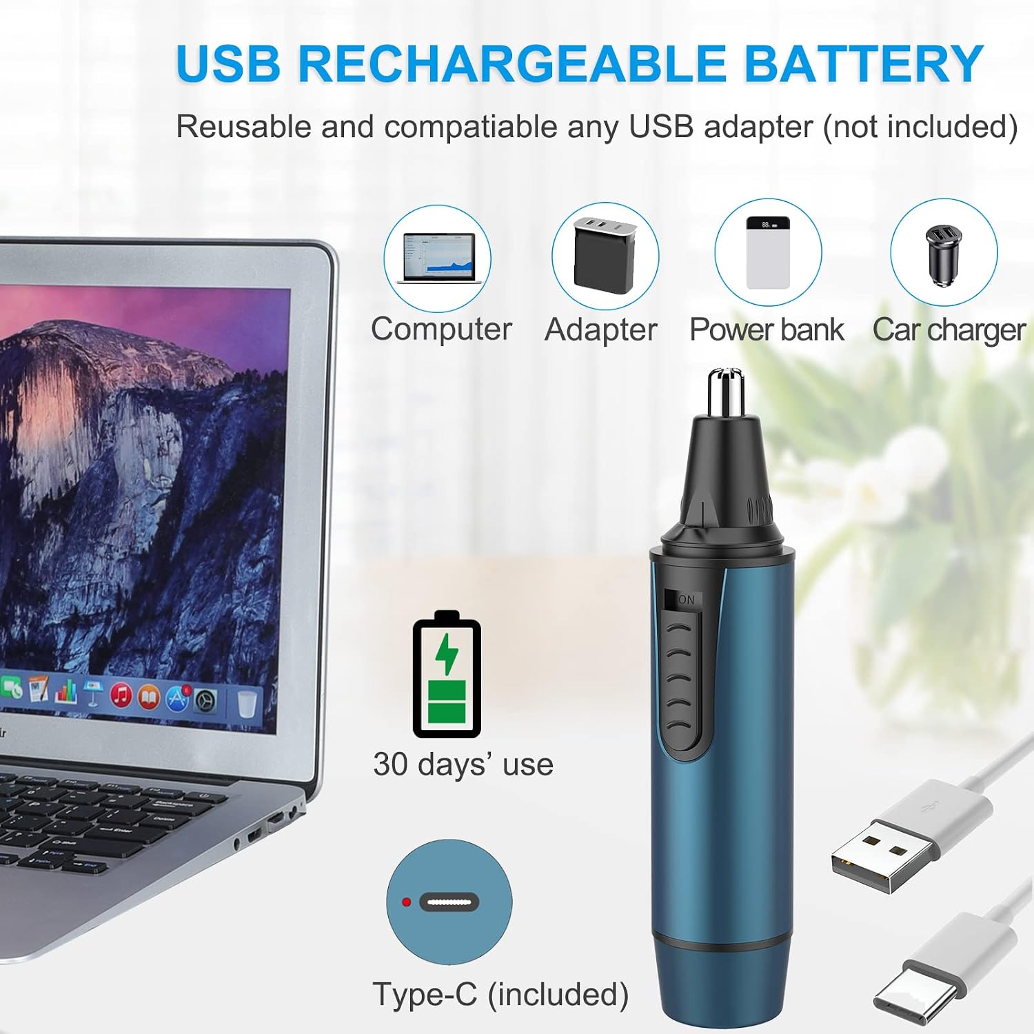 Nasenhaartrimmer Herren, 3 in 1 Professioneller USB Wiederaufladbar Nasenhaartrimmer, Nasenhaarentferner mit IPX7 Wasserdicht, Dual-Klingen, Einfache Reinigung, Nasentrimmer Männer, Blau – Bild 3