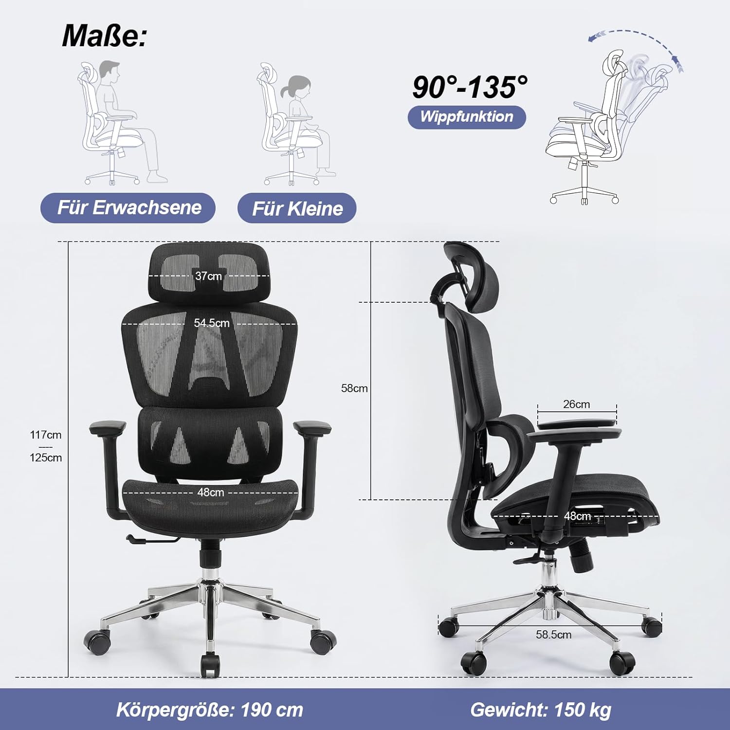 Bürostuhl Ergonomisch, Schreibtischstuhl mit Automatischer Lendenstütze (2-Fach höhenverstellbar), 4D-Kopfstütze, 4D-Armlehnen, Atmungsaktives Mesh, Drehstuhl bis 150 kg für Home Office & Büro – Bild 2