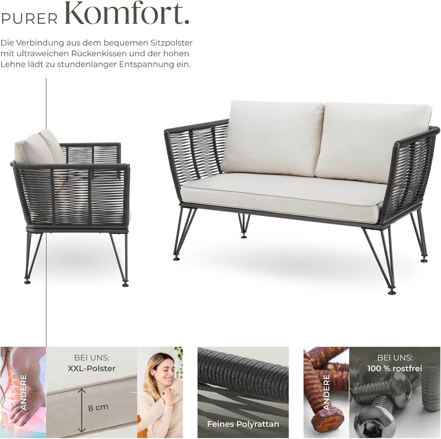 tectake® Rattan Lounge Sofa, Lounge Möbel Outdoor, Balkon Möbel, Outdoor Möbel, Rattan Gartenmöbel, Gartensofa mit Outdoor Kissen wetterfest, Balkonmöbel Kleiner Balkon, Wintergarten – Bild 4