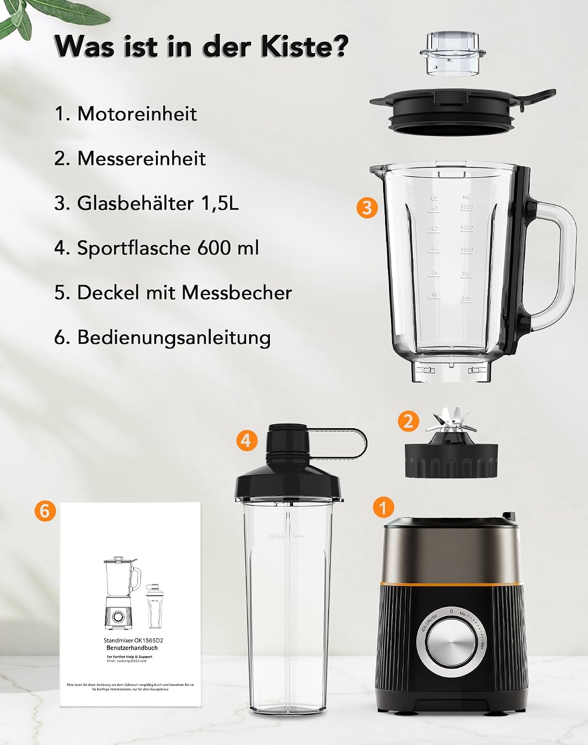 1000W Standmixer, Mixer, Glas 2-1 Mixer Smoothie Maker mit 1,5L Glaskrug und 600ml Reisebecher, Stufenlos Drehbare Drehregler, Selbstreinigung, für Ice-Crush-Funktion Shakes Gefrorene Getränke Saucen – Bild 8