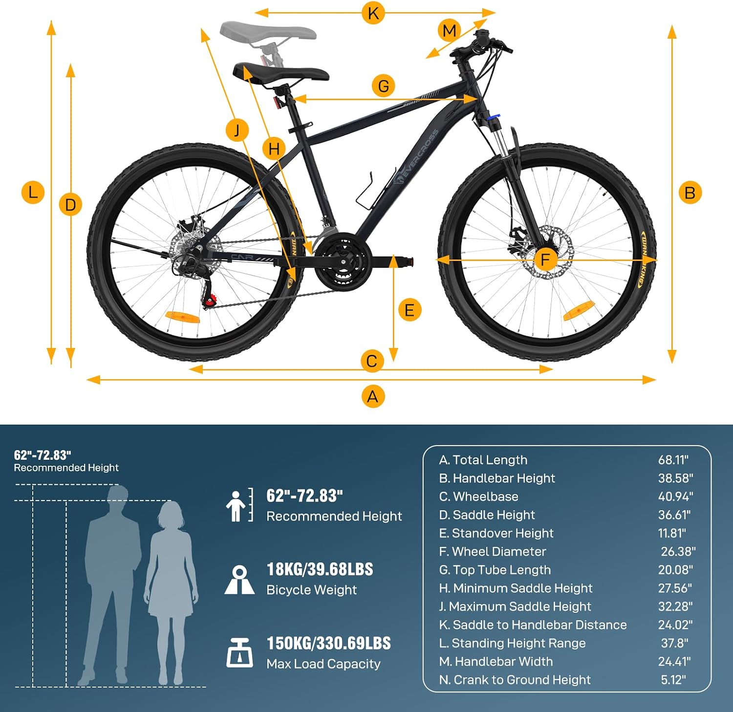 EVERCROSS Mountainbike für Erwachsene Damen und Herren, 26/27,5"/700C Gravelbike,16/21Gang Schaltsystem, Aluminiumrahmen, All-Terrain Fahrrad mit Scheibenbremsen, 150 kg Tragkraft – Bild 7