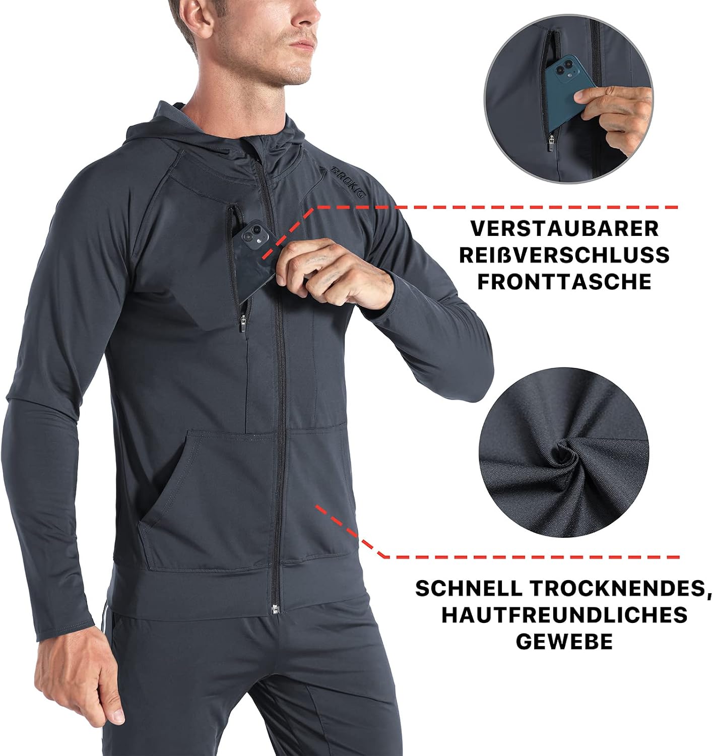 BROKIG Leichte Laufjacke Herren Hoodie Fitness Sportjacke – Bild 3