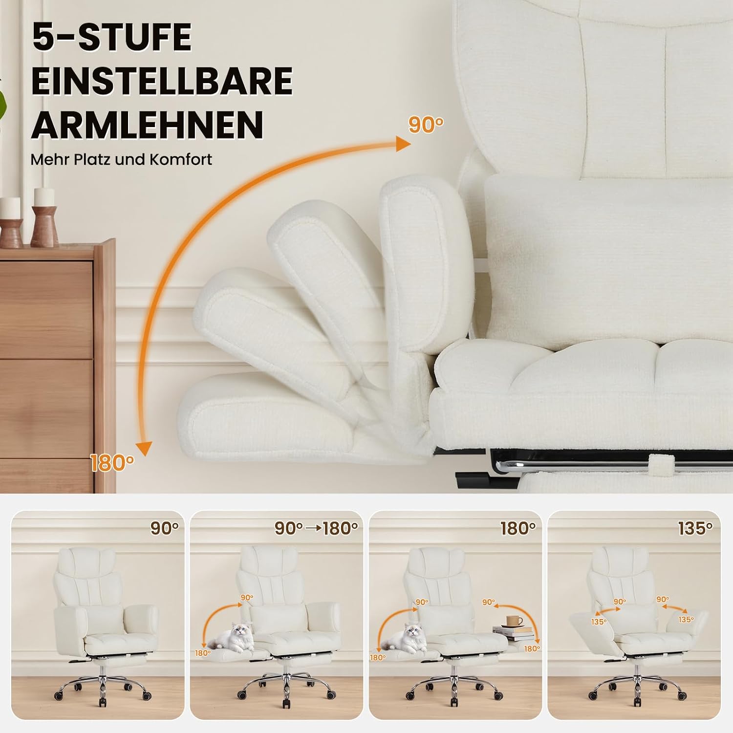 MALOL Ergonomischer Bürostuhl mit Fußstütze, Chefsessel 360° Drehbar, verstellbare Rückenlehne 102°-127°, mit Kopfstütze & Lendenstütze, bis 180 kg belastbar für Home Office & Gaming, Beige – Bild 7
