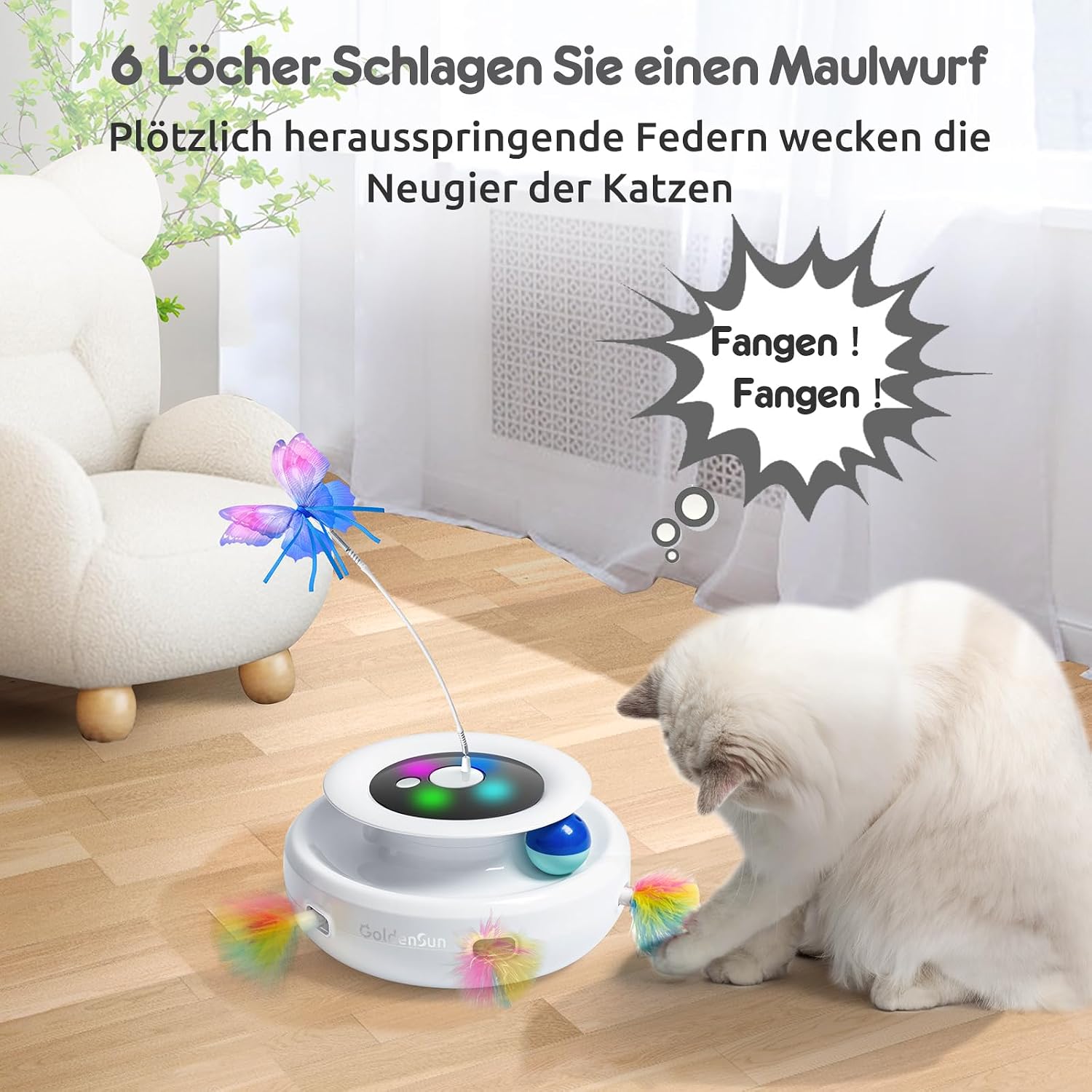 GoldenSun 3 in 1 Interaktives Katzenspielzeug, Elektrisch Automatischer Spielzeug für Katzen, Whack-A-Mole, Fluttering Butterfly, inklusive Ball, USB Wiederaufladbar Katzen Teaser mit 4 Aufsätzen – Bild 4