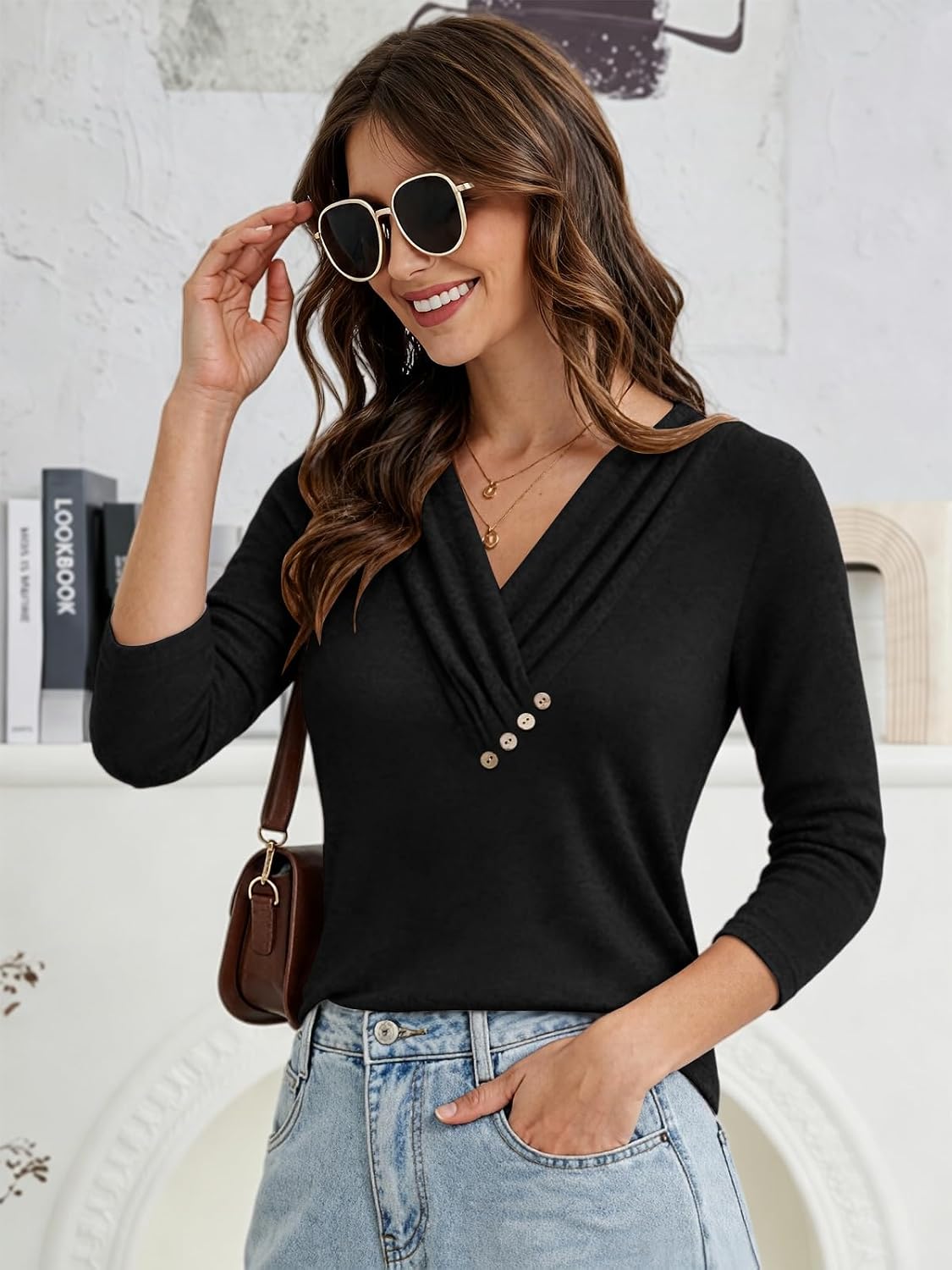 Cuptacc Bluse Damen Elegant Shirt Damen 3/4 Arm V Ausschnitt Oberteile – Bild 4