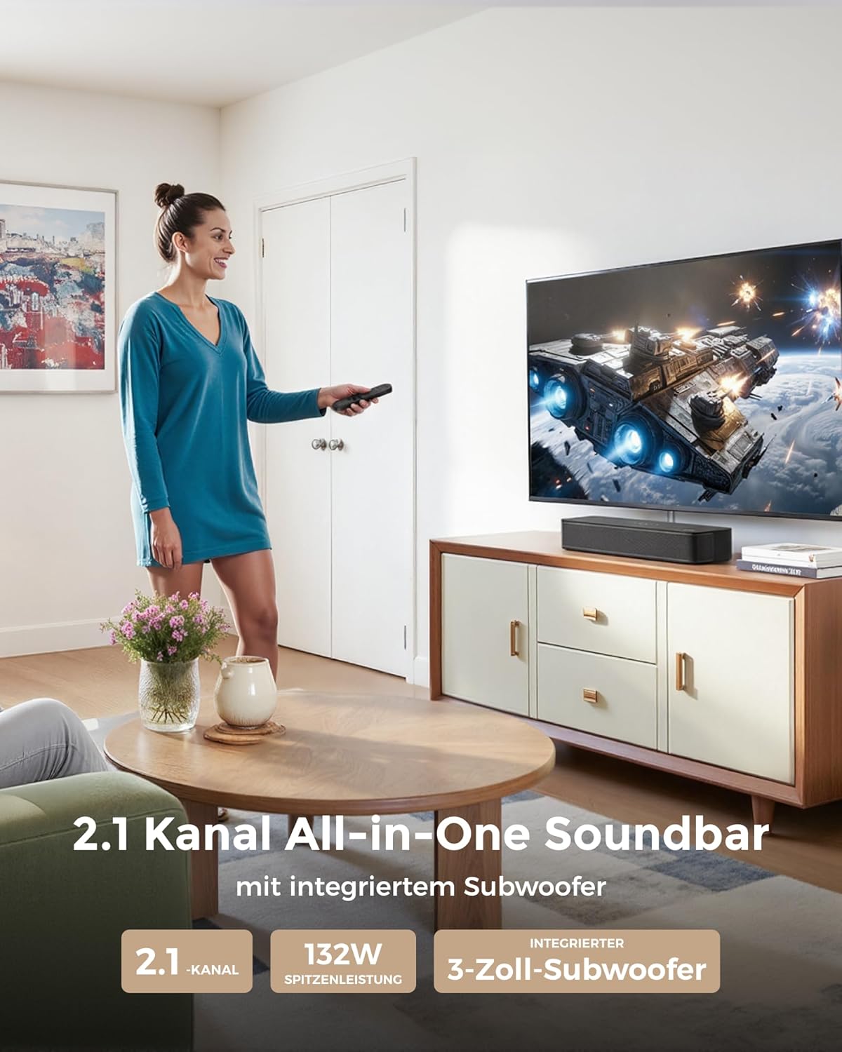 ULTIMEA 2.1 Soundbar für TV Geräte mit integriertem Subwoofer, APP-Steuerung, 132W All-in-One PC Soundbar für Gaming, TV Lautsprecher mit Verstellbarem Bass, Bluetooth® 5.4, Opt/AUX, Poseidon M20 Pro – Bild 2