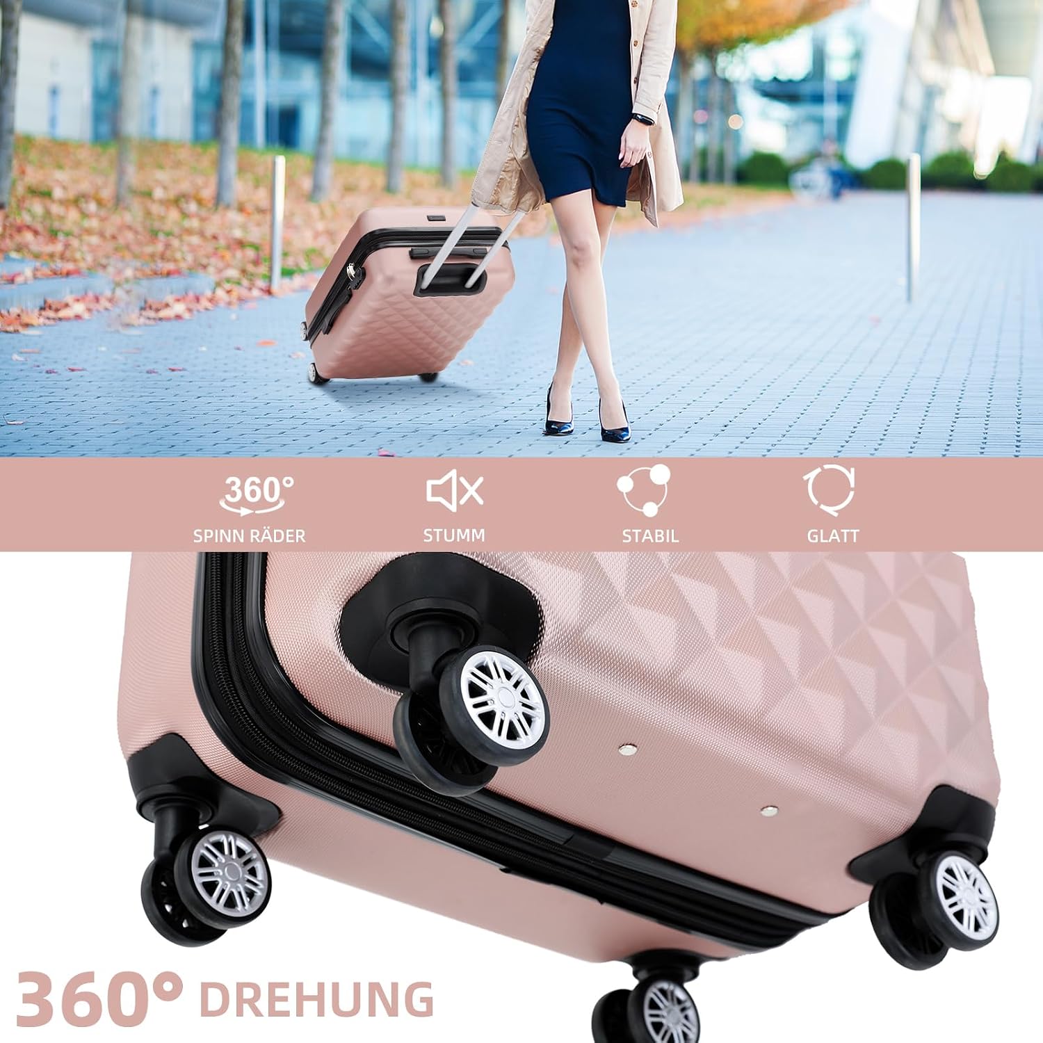 BEIBYE Zwillingsrollen 2066 Hartschale Trolley Koffer Reisekoffer Gepäck M-L-XL-Set (Rosa Gold, M) – Bild 6