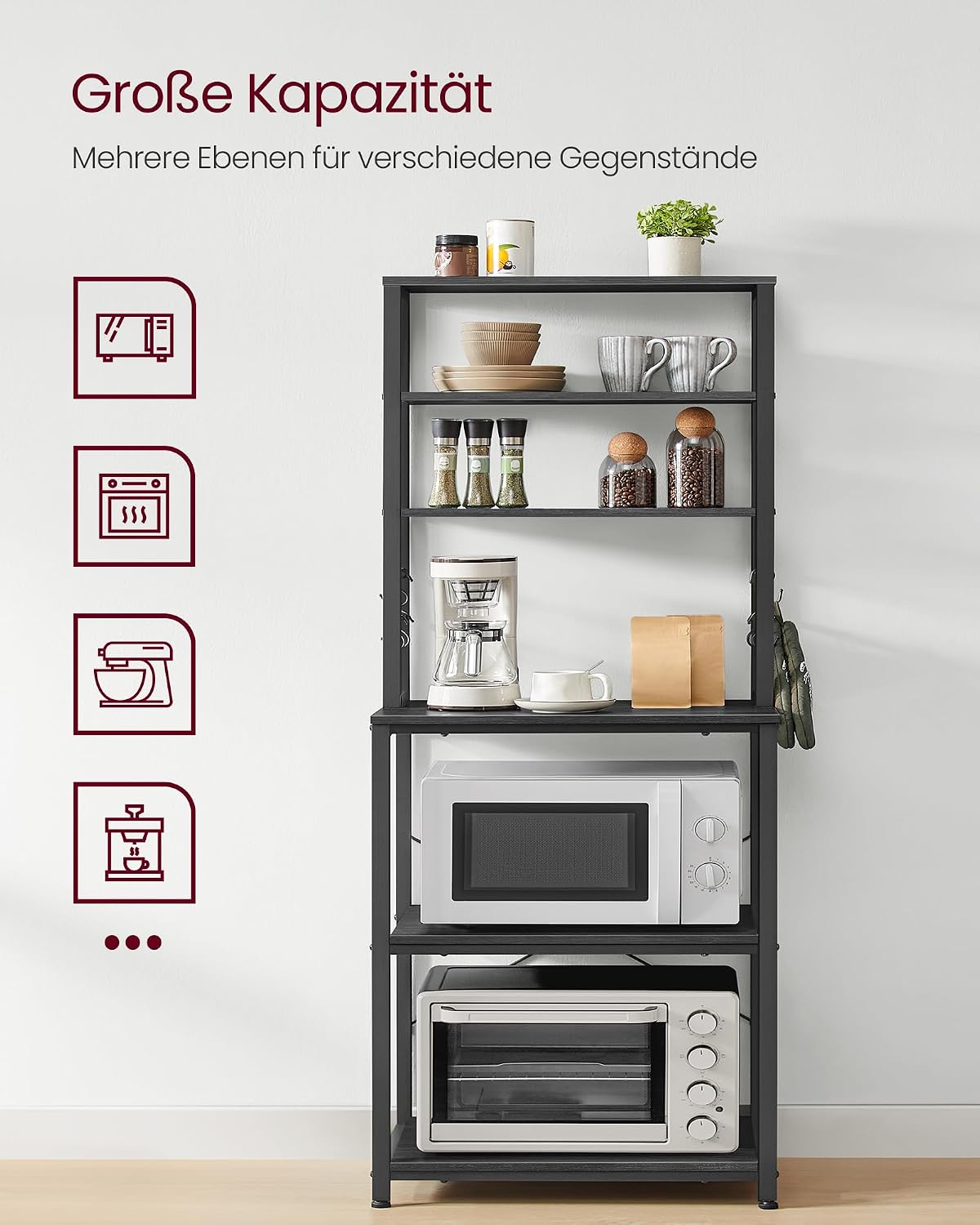VASAGLE Küchenregal, 6 Regalebenen und 6 Haken, 40 x 60 x 167 cm – Bild 5