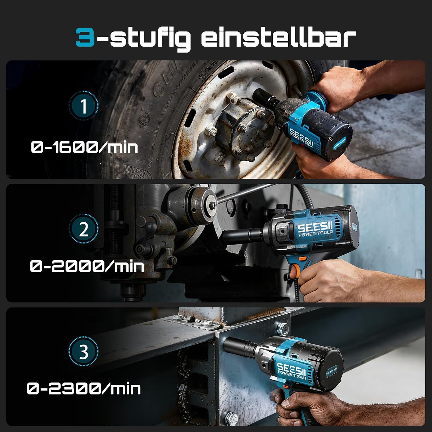 Seesii Akku Schlagschrauber 1600Nm, 1/2" Hochleistungs Drehschlagschrauber mit abnehmbarem Griff, 21V Akkuschlagschrauber & 2×4,0Ah Batterien für Auto, Pickup, Rasenmäher, Industriearbeiten – Bild 4