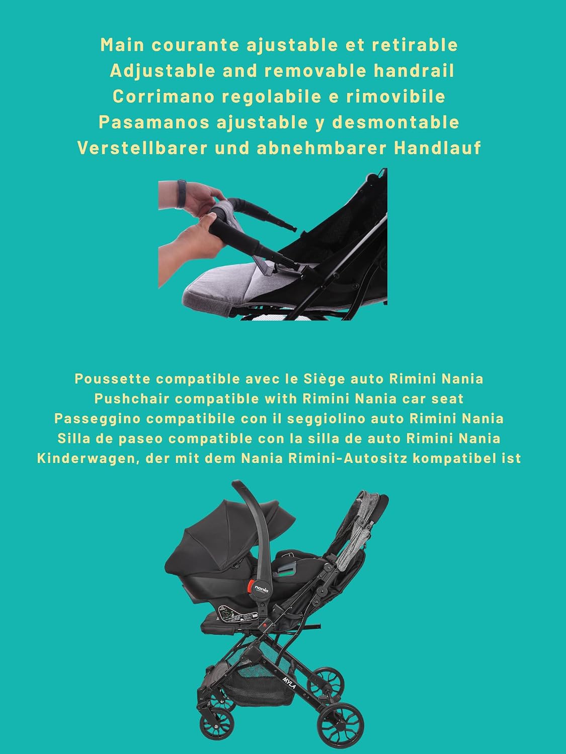 Nania Myla, kompakter Buggy, 0 bis 4 Jahre (22 kg max), leicht (7,5 kg), Stadt-Kinderwagen, mit einer Hand neigbar in Liegeposition, großer Aufbewahrungskorb, mit Transportwagen – Bild 9