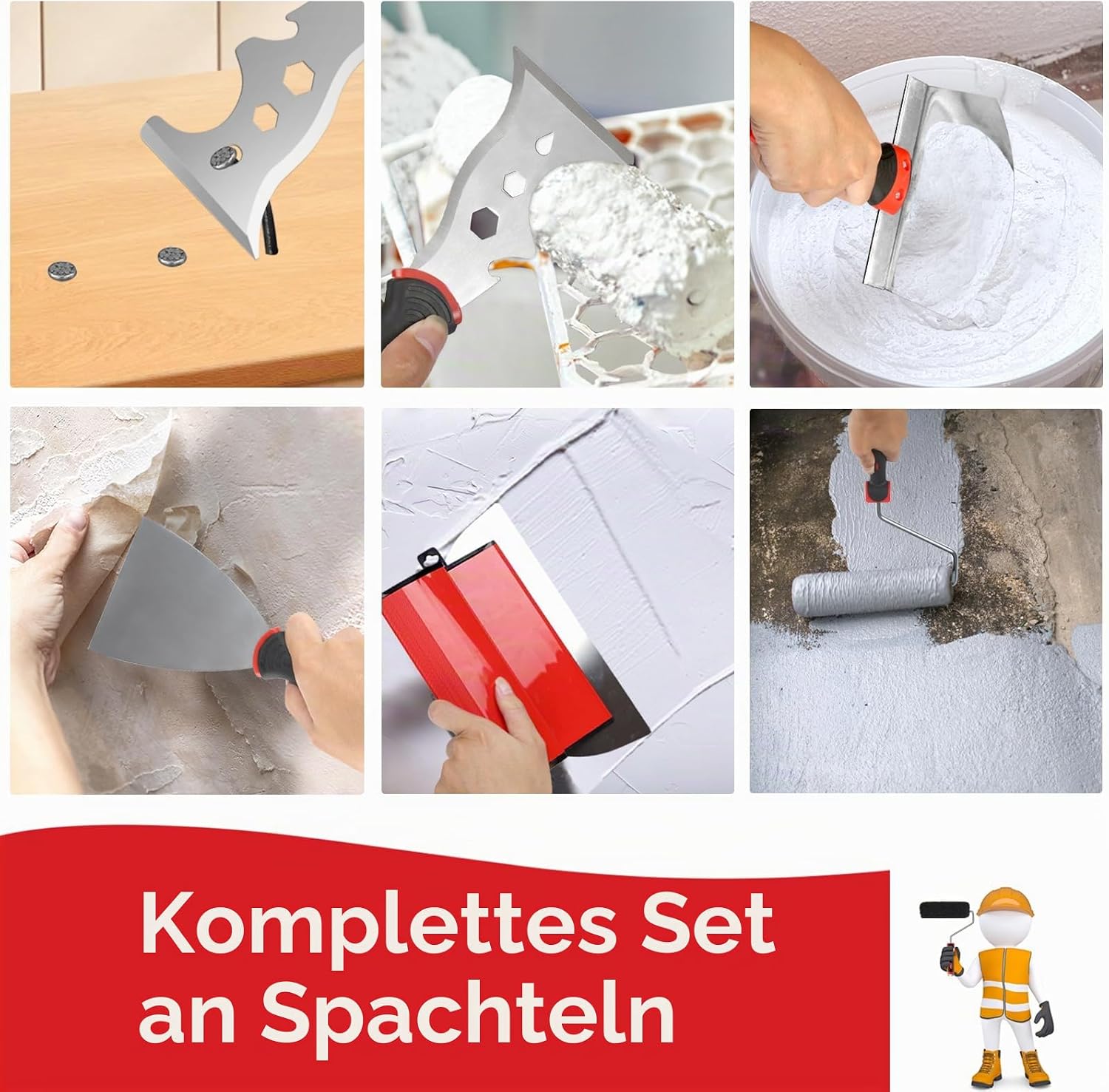 suokoun Trockenbau-Klingen-Set mit Koffer, 25 cm, 40cm, 60cm und 80cm, Edelstahl-Klingen, Verbundrollen, 70 cm - 155 cm Verlängerungsgriff, Spachtelmesser und Bogenschaber für – Bild 6