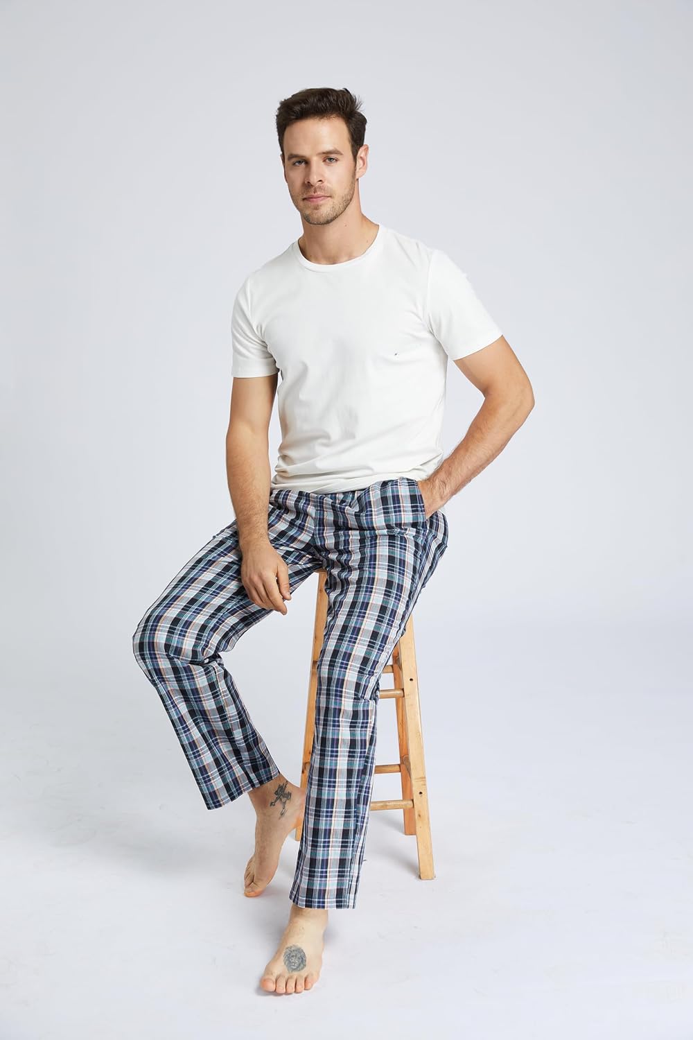 Jveyvth Herren 100% Baumwolle Pyjamahose Gewebte Kariert Schlafhose PJ Hose – Bild 2