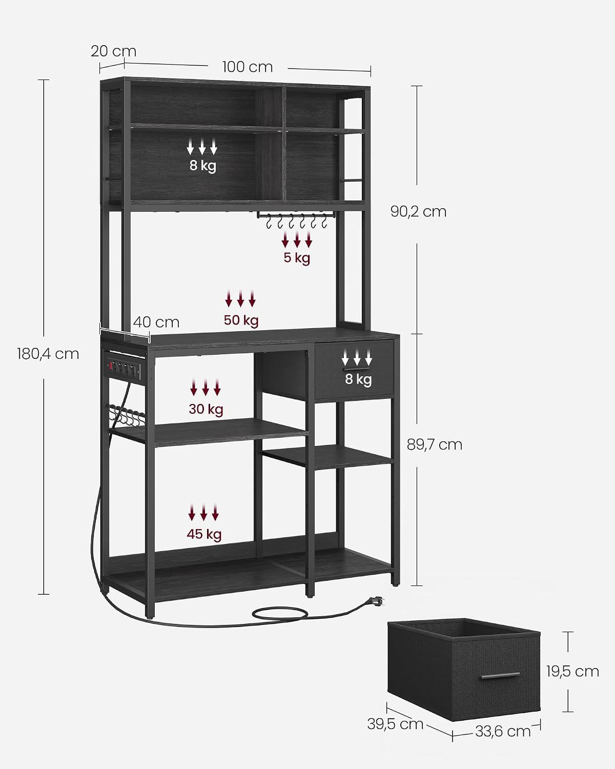 VASAGLE Küchenregal mit Steckdosen, Standregal, 100 x 40 x 180,8 cm – Bild 2